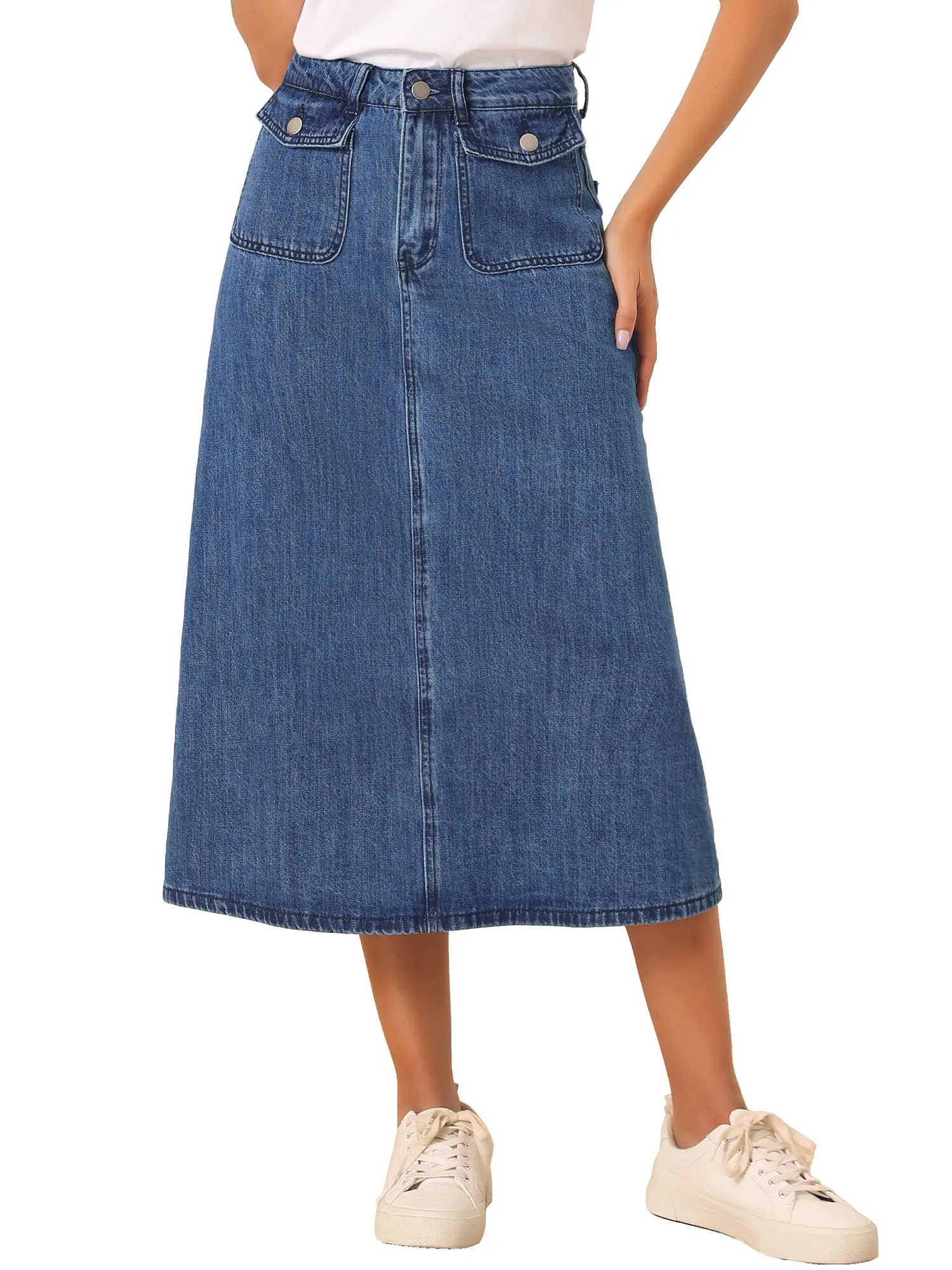 Casual High Waisted Flap Pocket A-Line Long Denim Jean Skirt