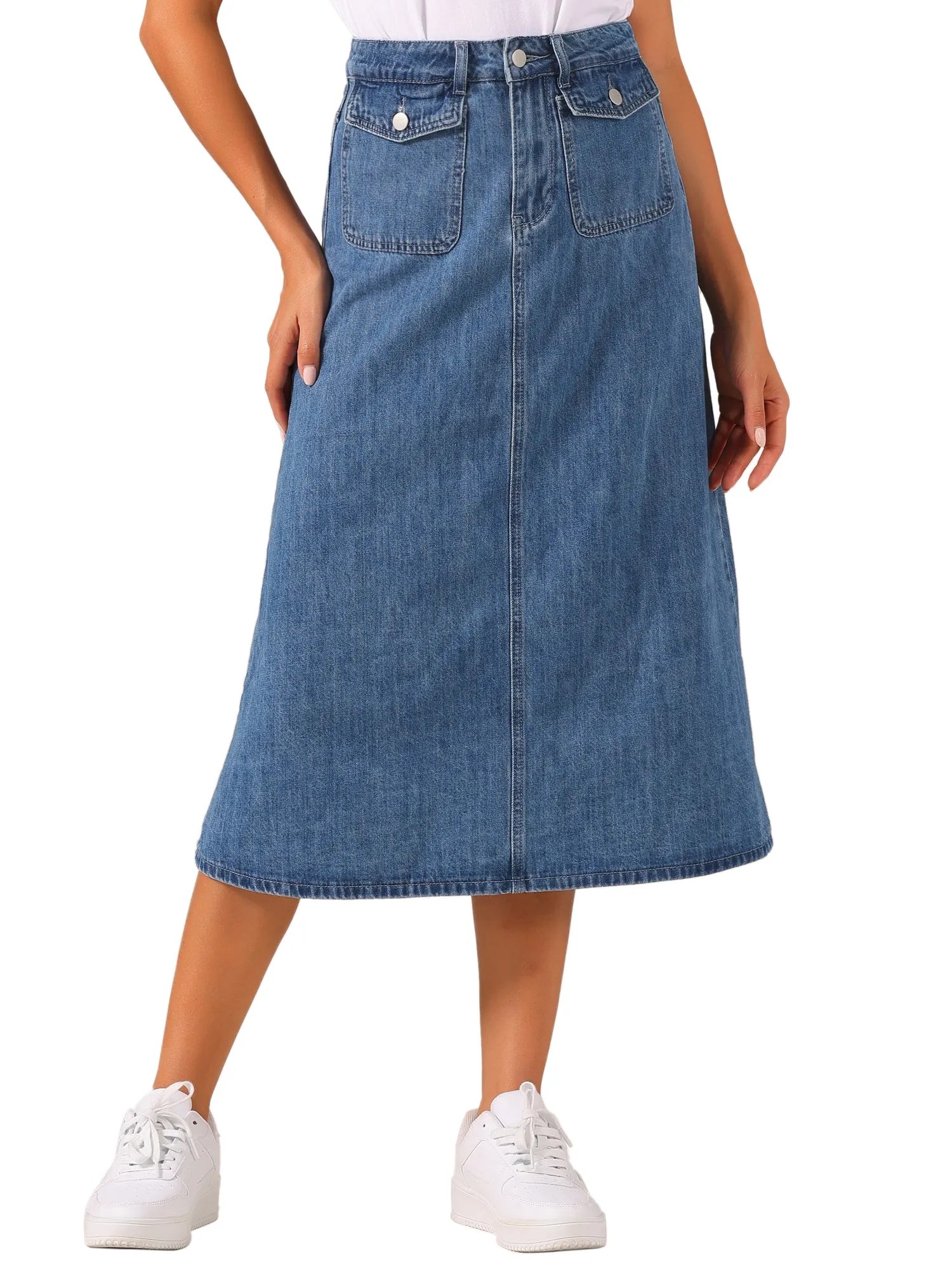 Casual High Waisted Flap Pocket A-Line Long Denim Jean Skirt