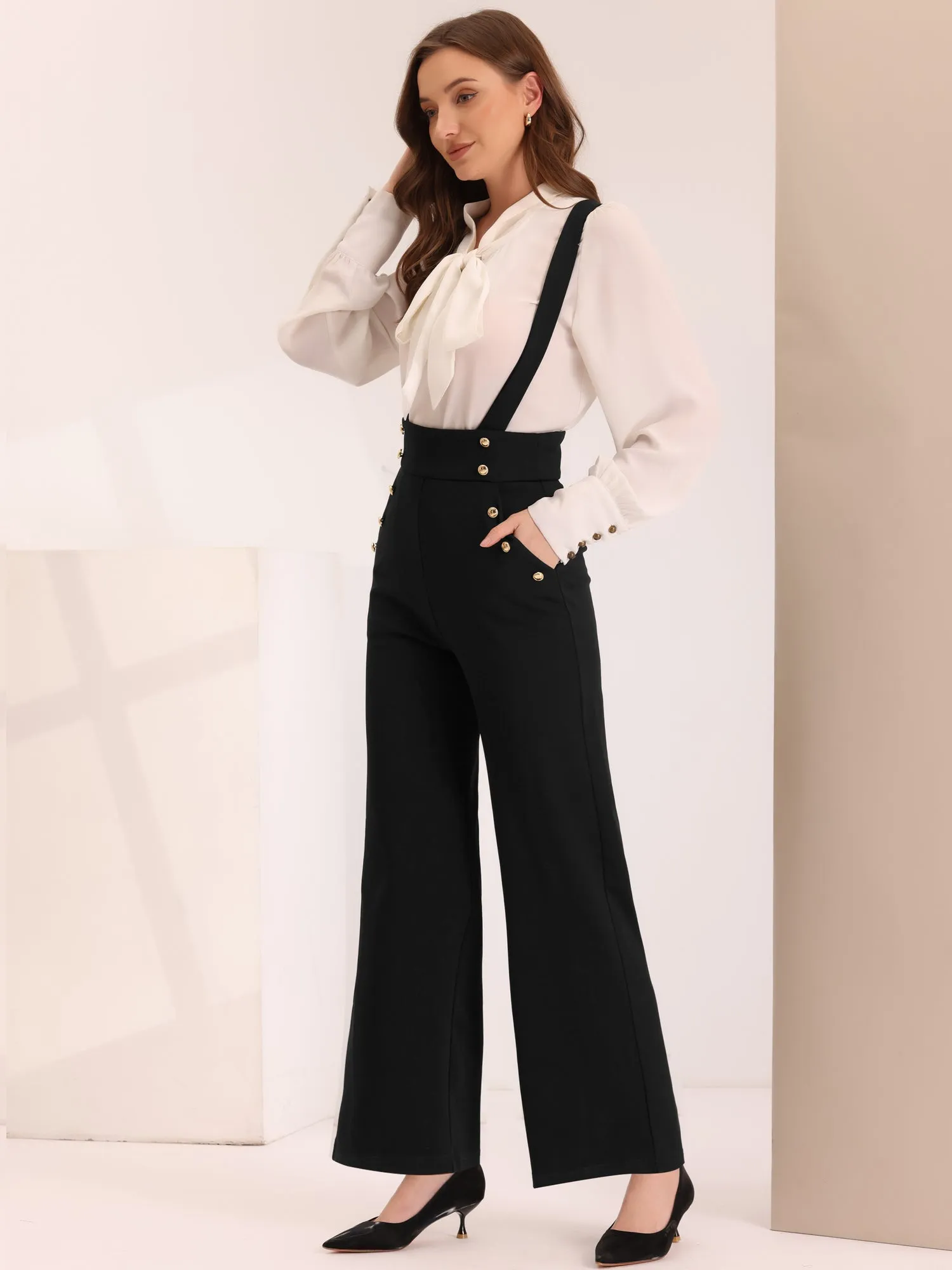 Casual Office Adjustable Strap Wide Leg Suspenders Pants Jumpsuits