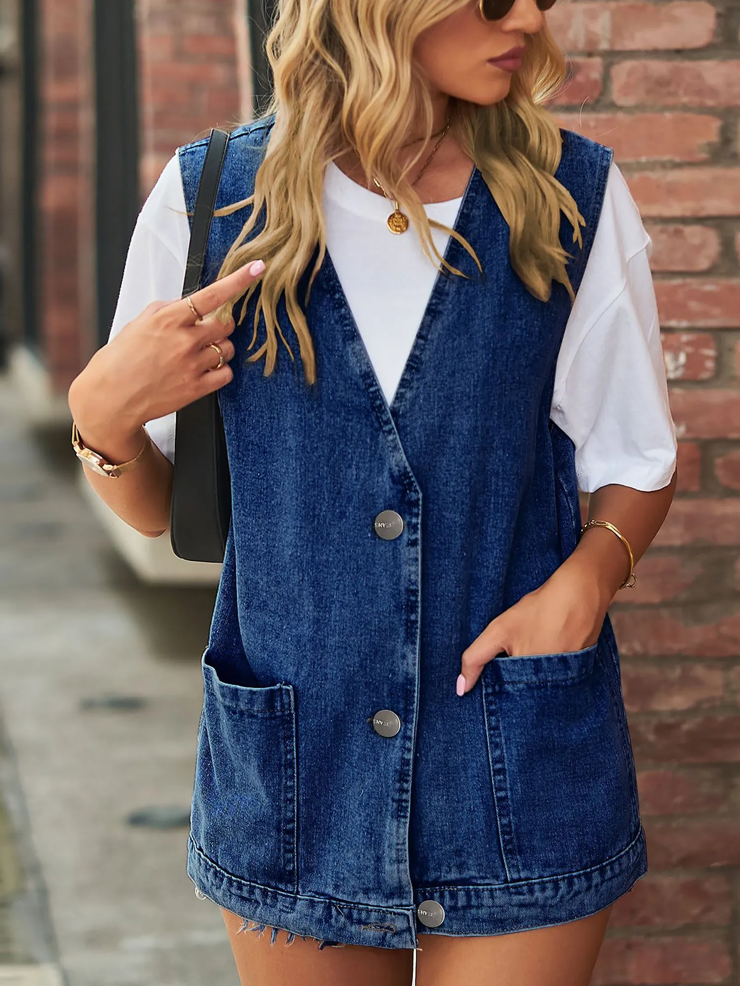 Casual Pocketed Sleeveless Button Waistcoat Denim Vest