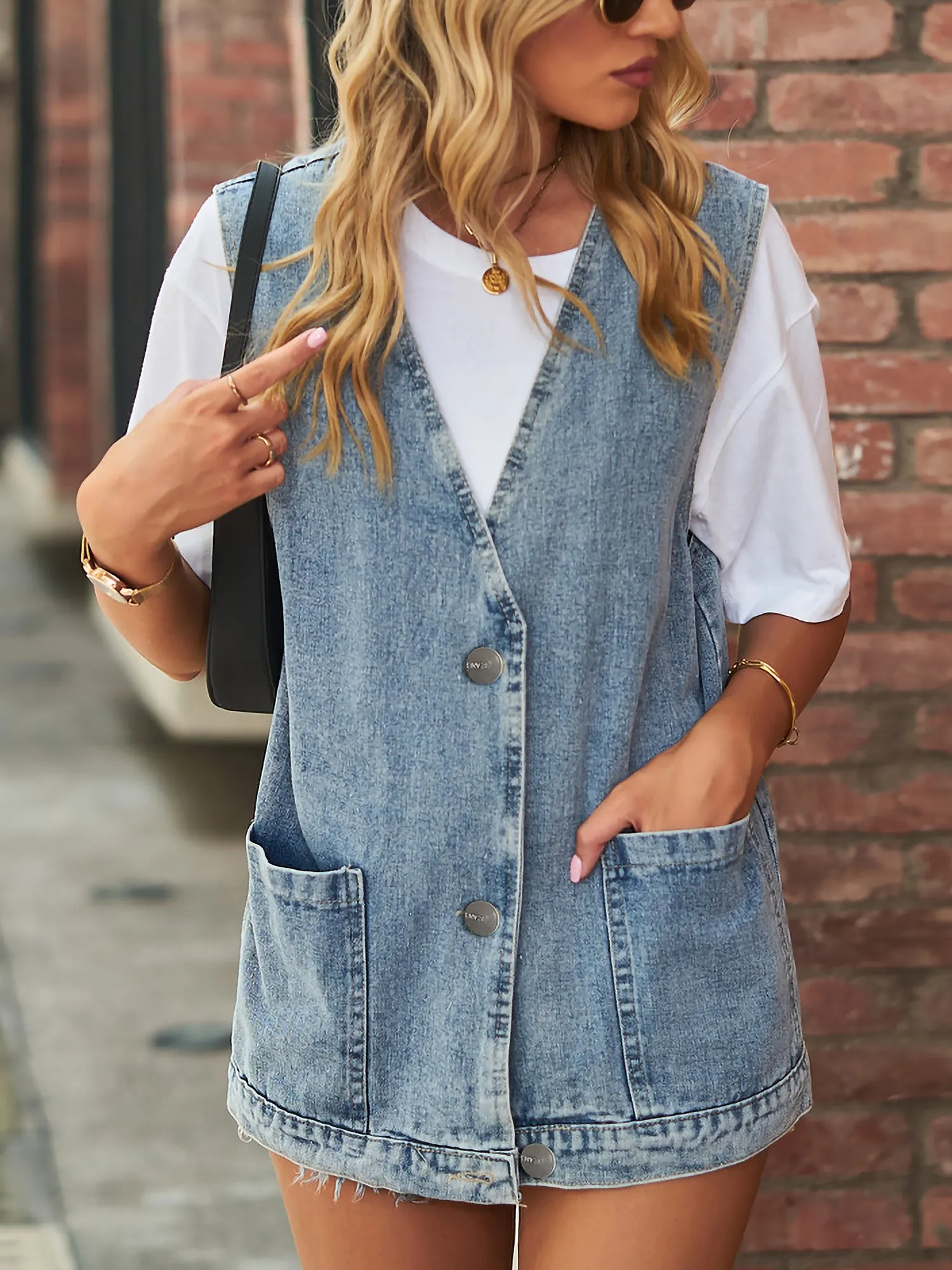 Casual Pocketed Sleeveless Button Waistcoat Denim Vest