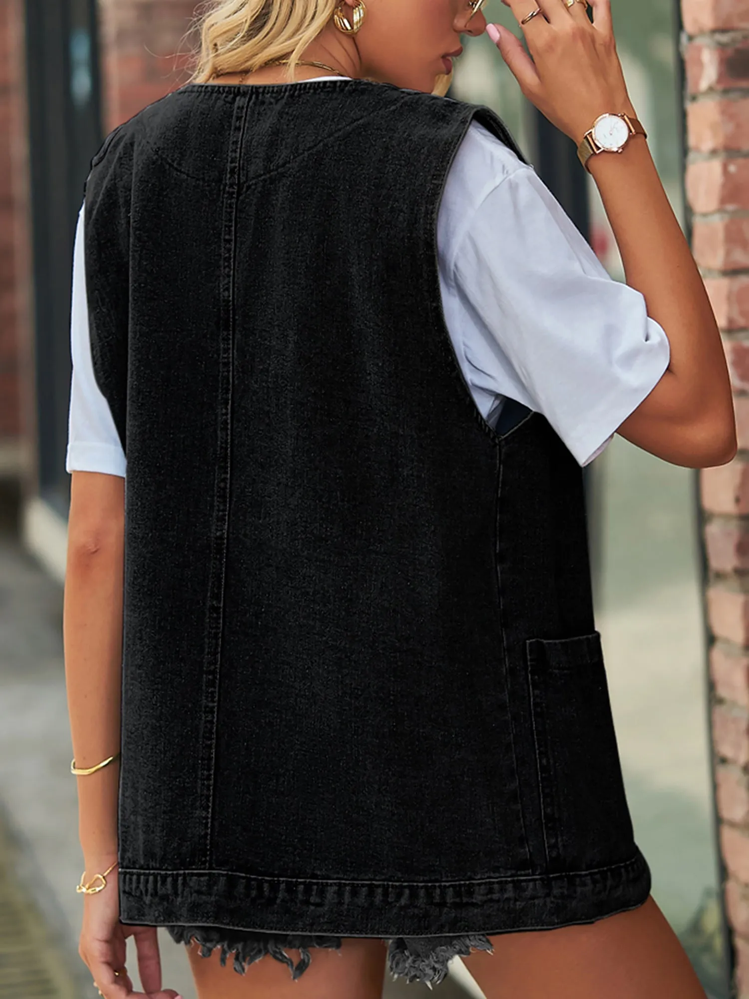 Casual Pocketed Sleeveless Button Waistcoat Denim Vest