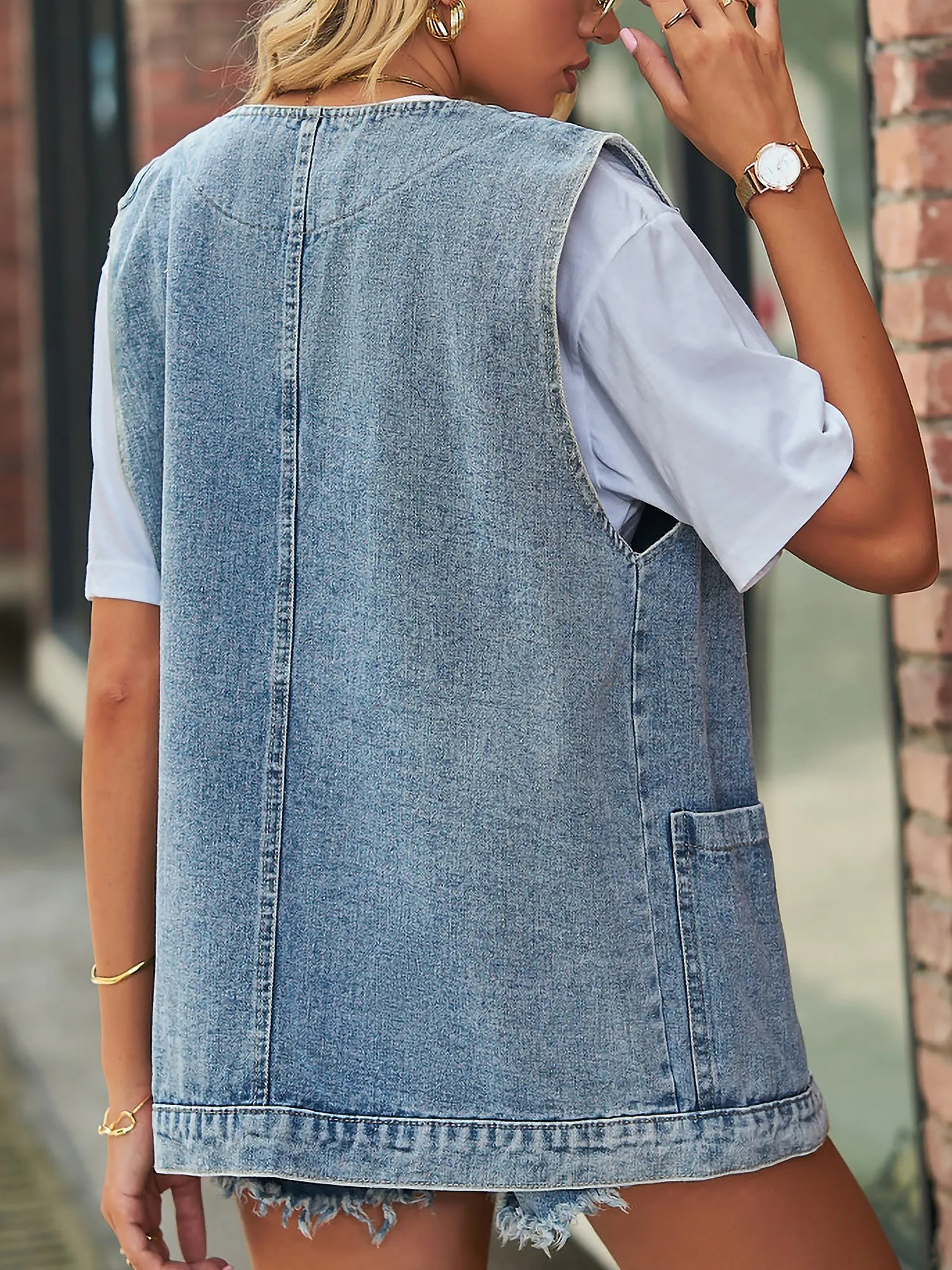 Casual Pocketed Sleeveless Button Waistcoat Denim Vest