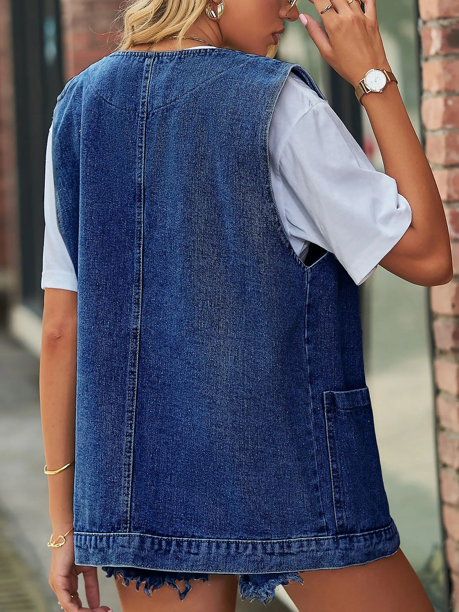 Casual Pocketed Sleeveless Button Waistcoat Denim Vest