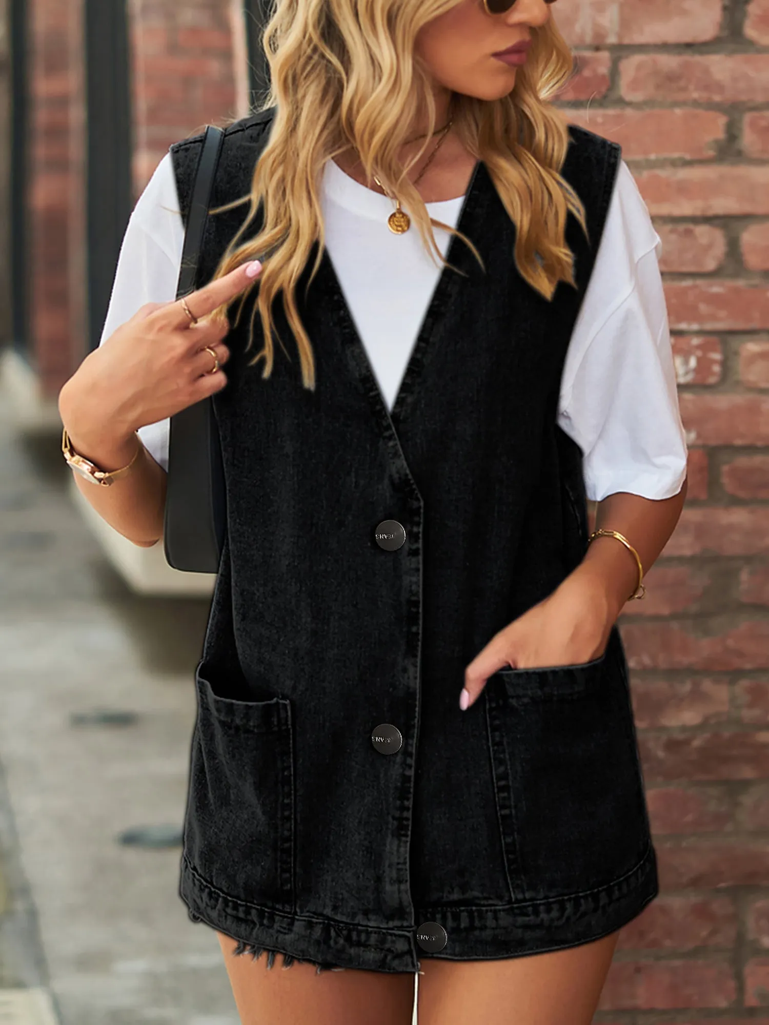 Casual Pocketed Sleeveless Button Waistcoat Denim Vest