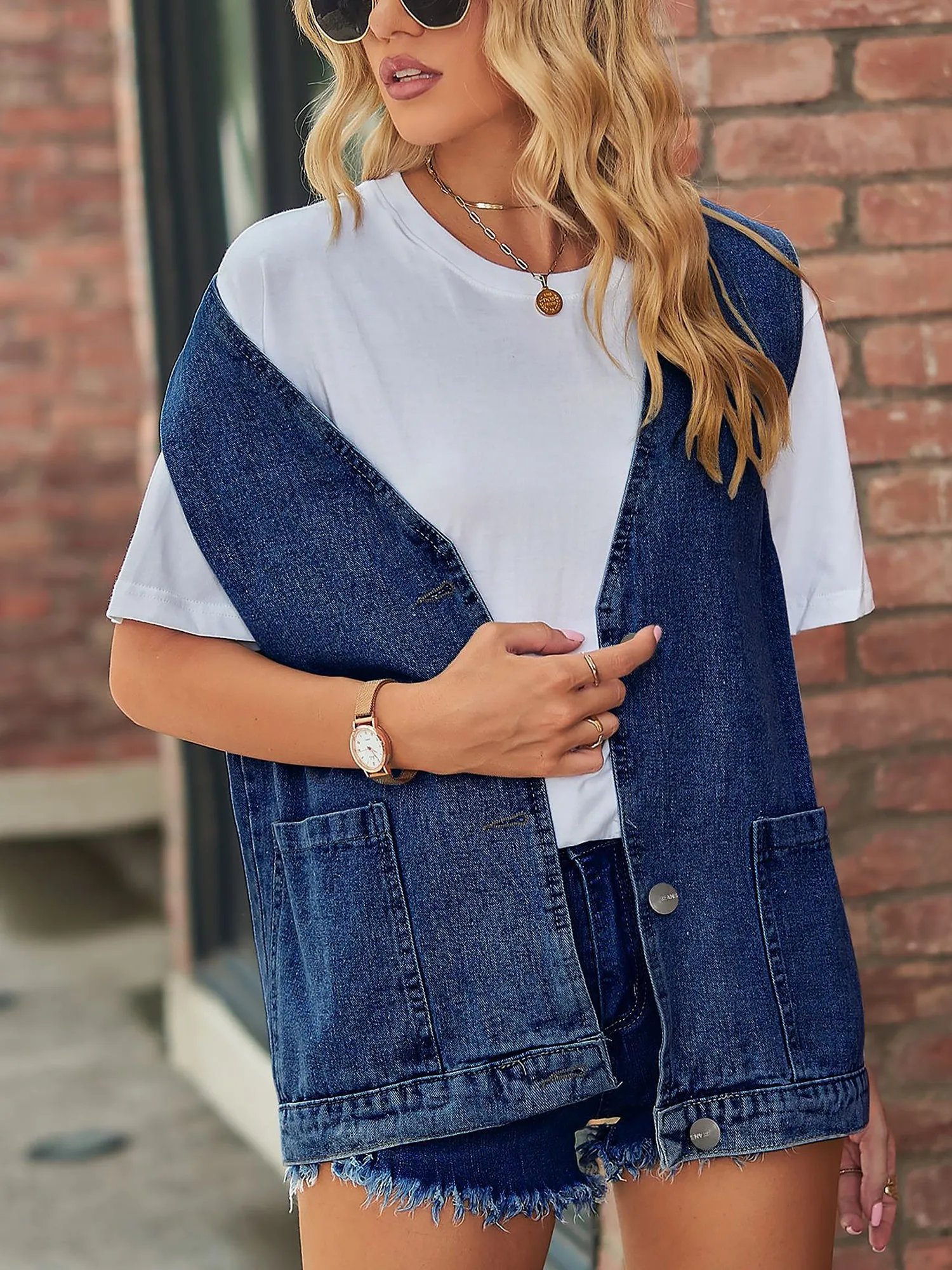 Casual Pocketed Sleeveless Button Waistcoat Denim Vest