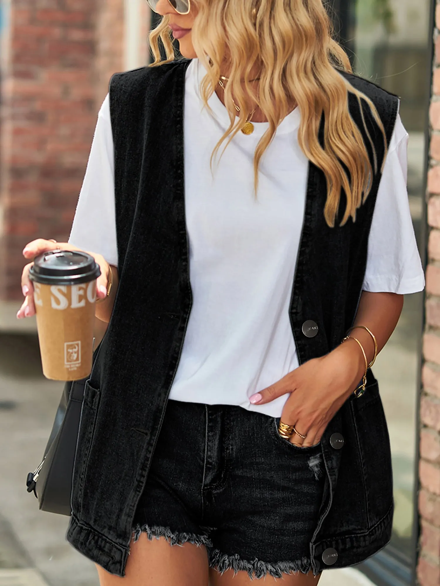Casual Pocketed Sleeveless Button Waistcoat Denim Vest