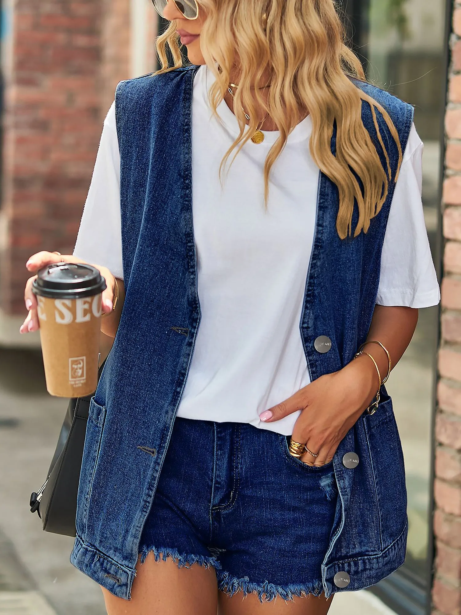 Casual Pocketed Sleeveless Button Waistcoat Denim Vest