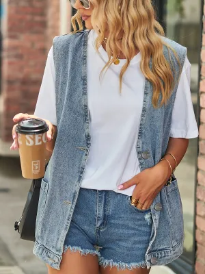 Casual Pocketed Sleeveless Button Waistcoat Denim Vest