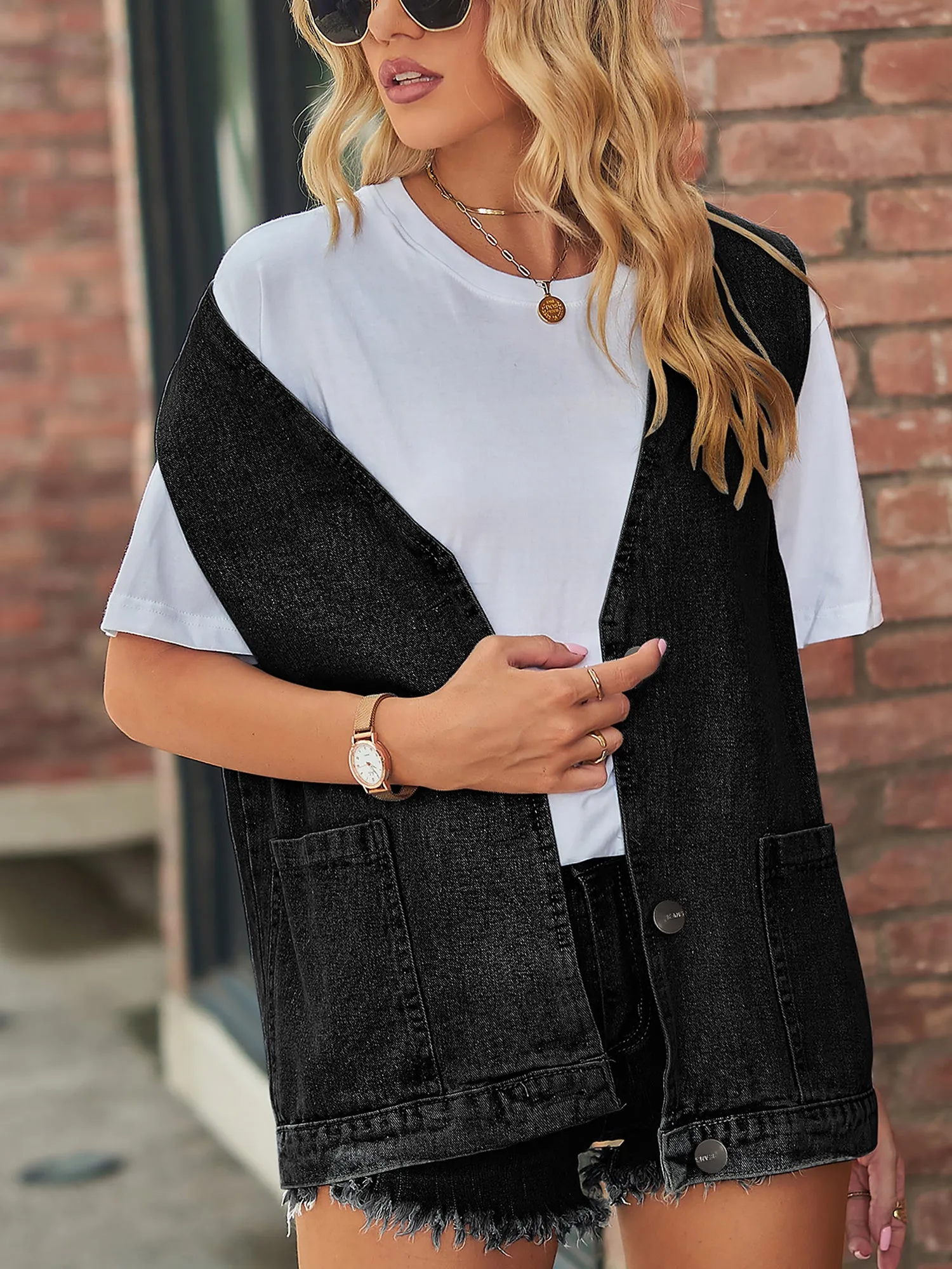 Casual Pocketed Sleeveless Button Waistcoat Denim Vest