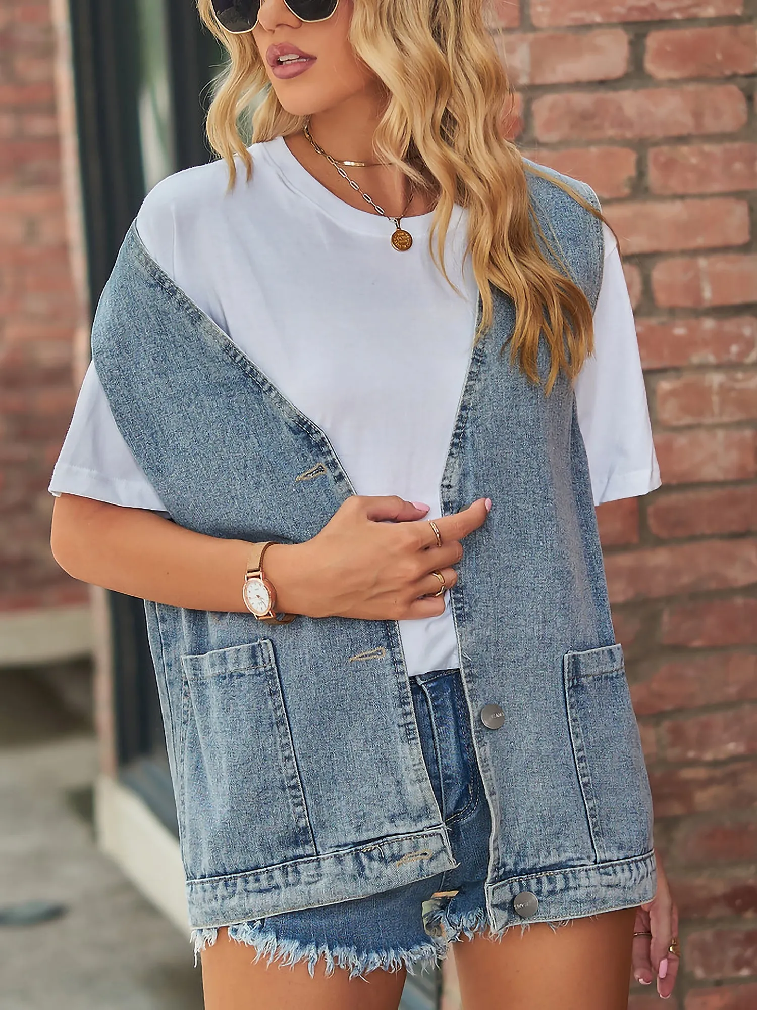 Casual Pocketed Sleeveless Button Waistcoat Denim Vest