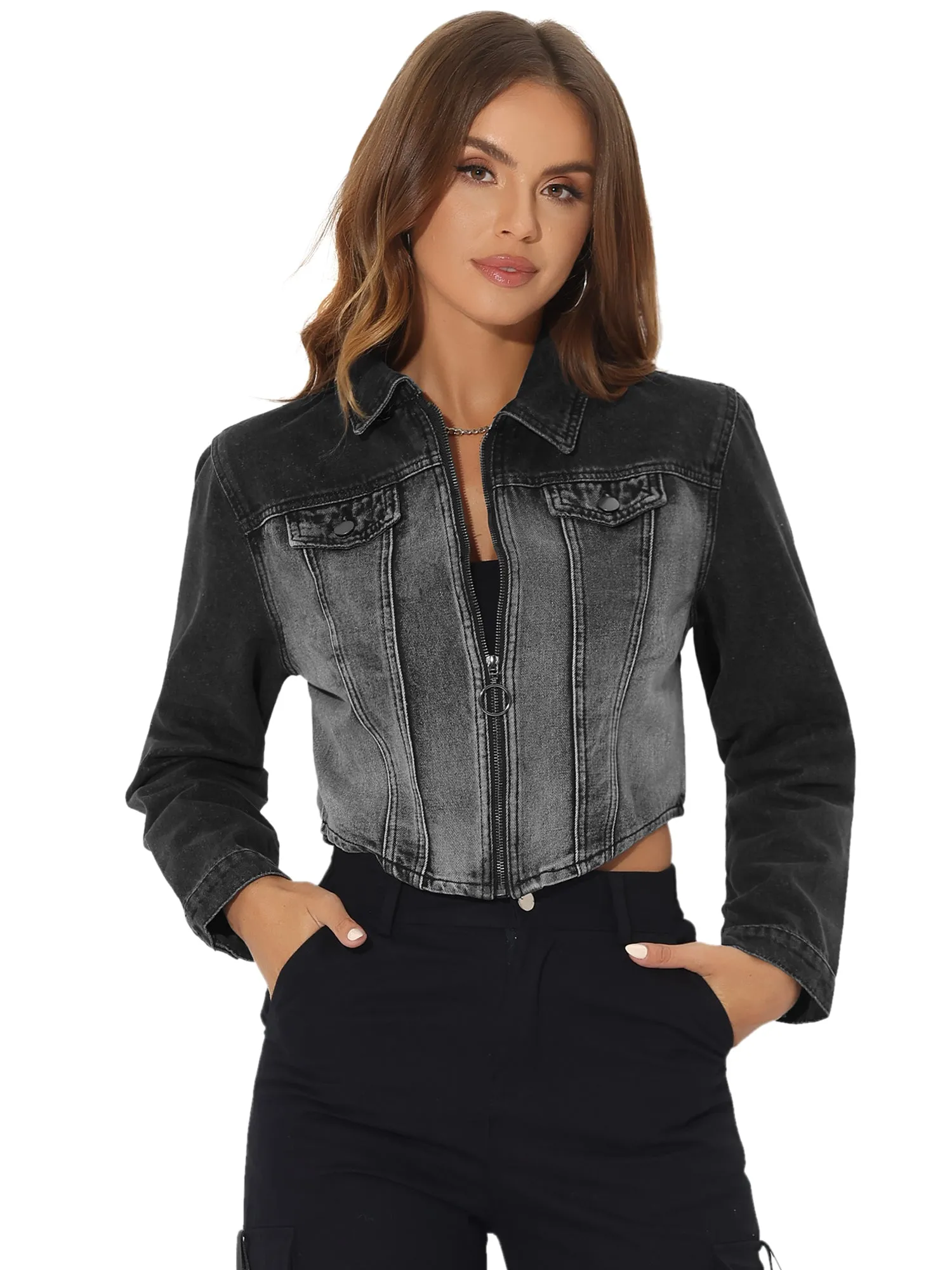 Casual Zip Up Washed Denim Crop Jean Jacket