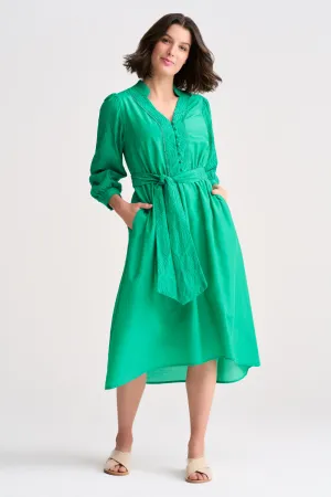 Cotton Silk Embroidered Dress - Kelly Green