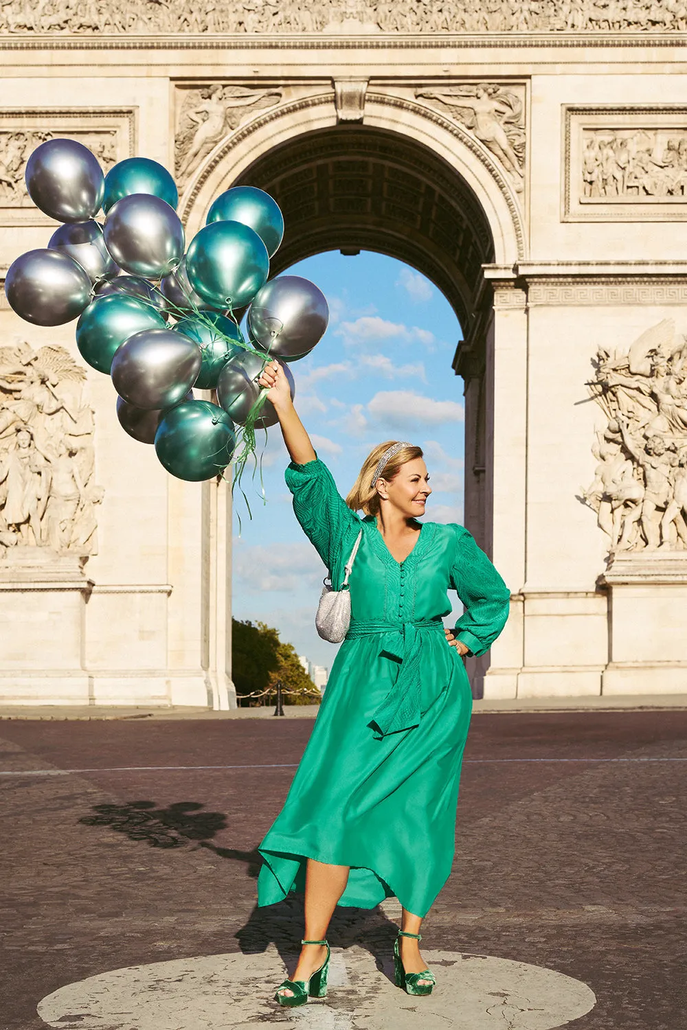 Cotton Silk Embroidered Dress - Kelly Green