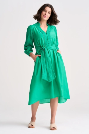 Cotton Silk Embroidered Dress - Kelly Green