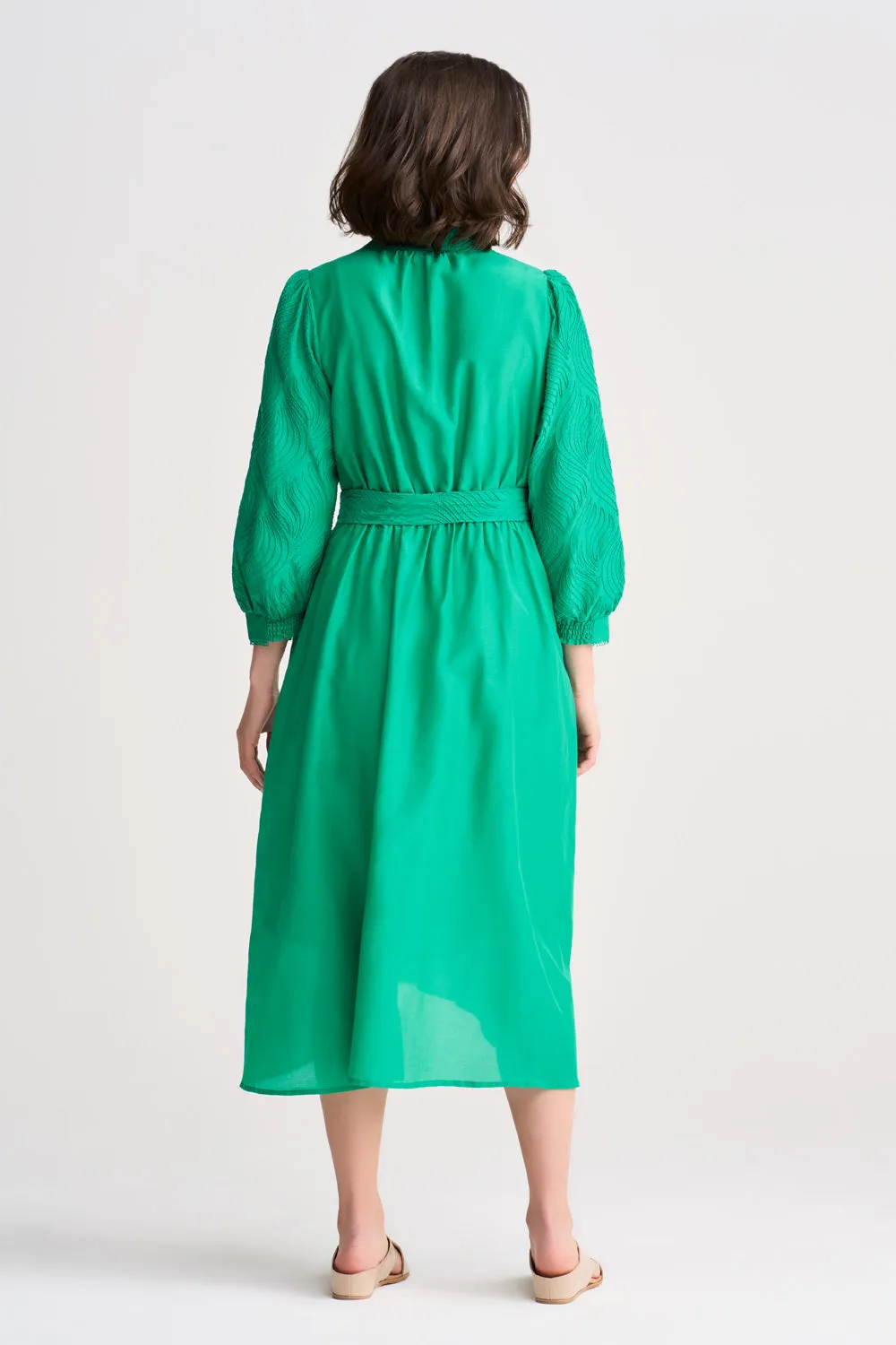 Cotton Silk Embroidered Dress - Kelly Green