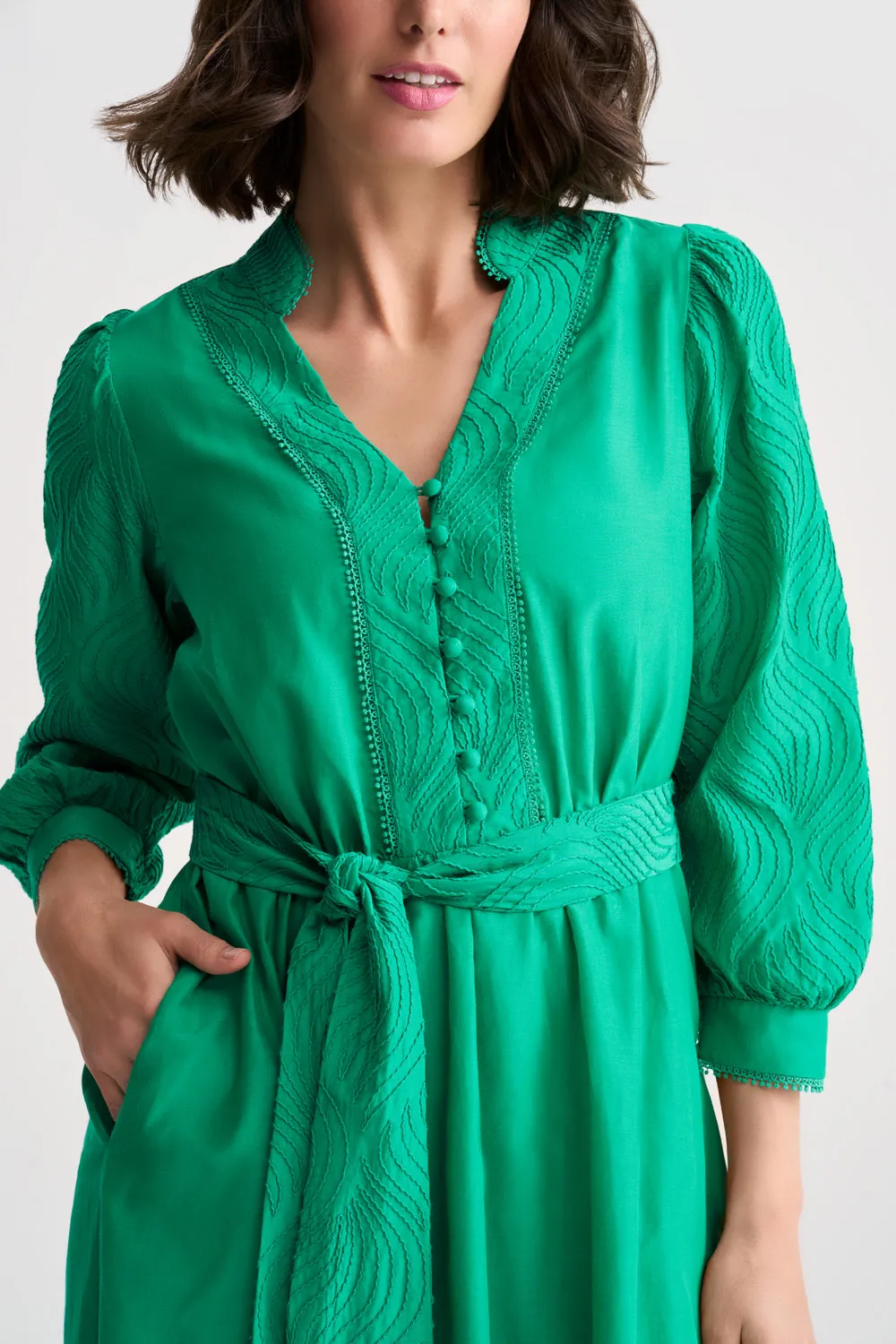 Cotton Silk Embroidered Dress - Kelly Green