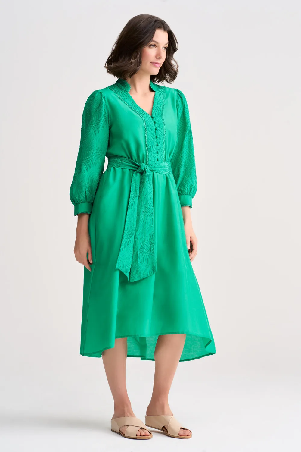 Cotton Silk Embroidered Dress - Kelly Green