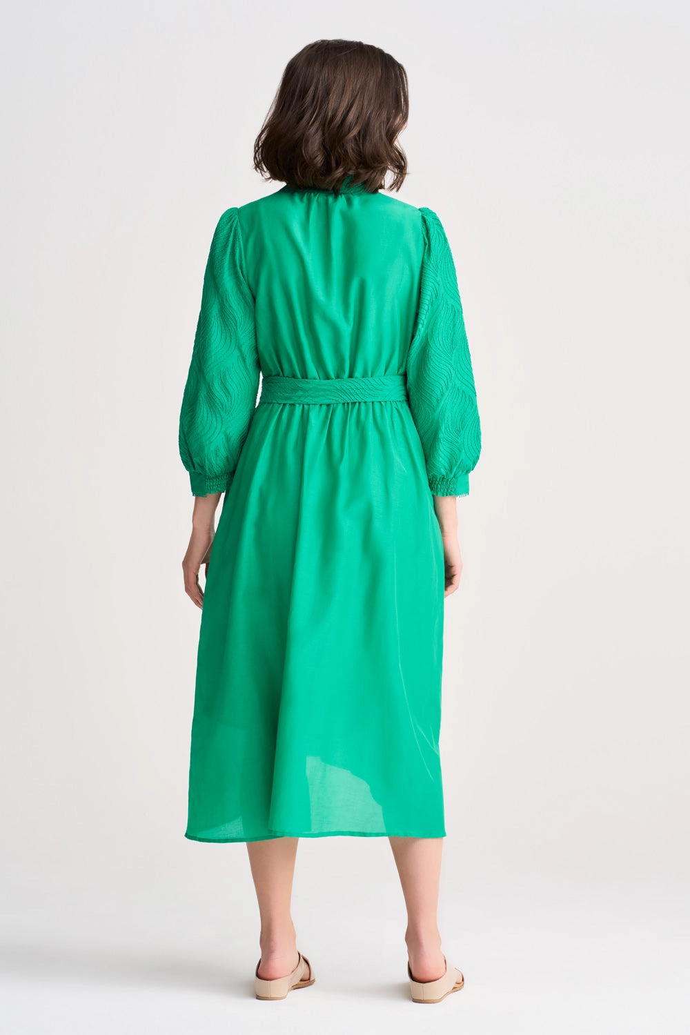 Cotton Silk Embroidered Dress - Kelly Green