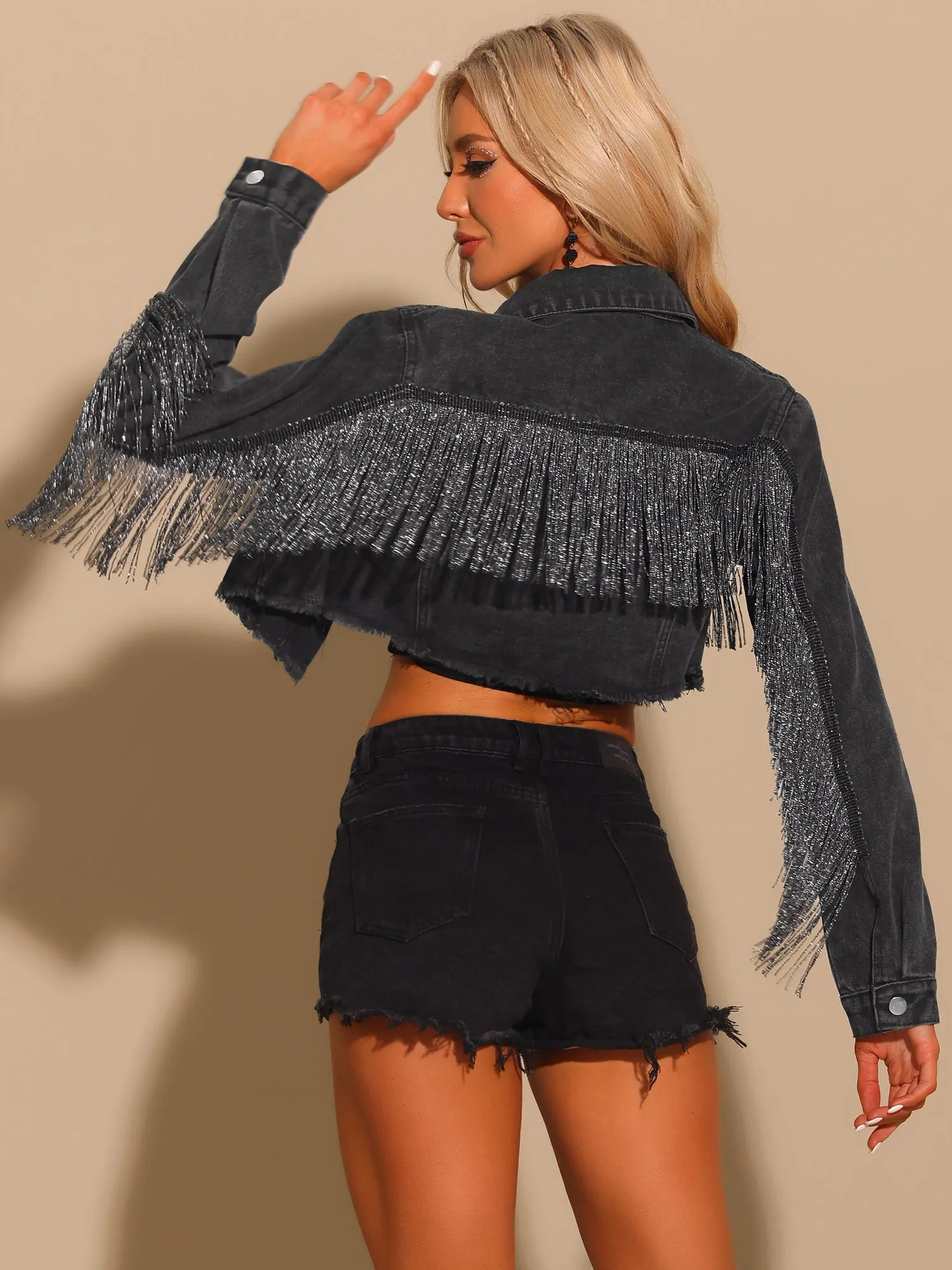 Crop Denim Tassel Casual Button Down Long Sleeve Jean Coat