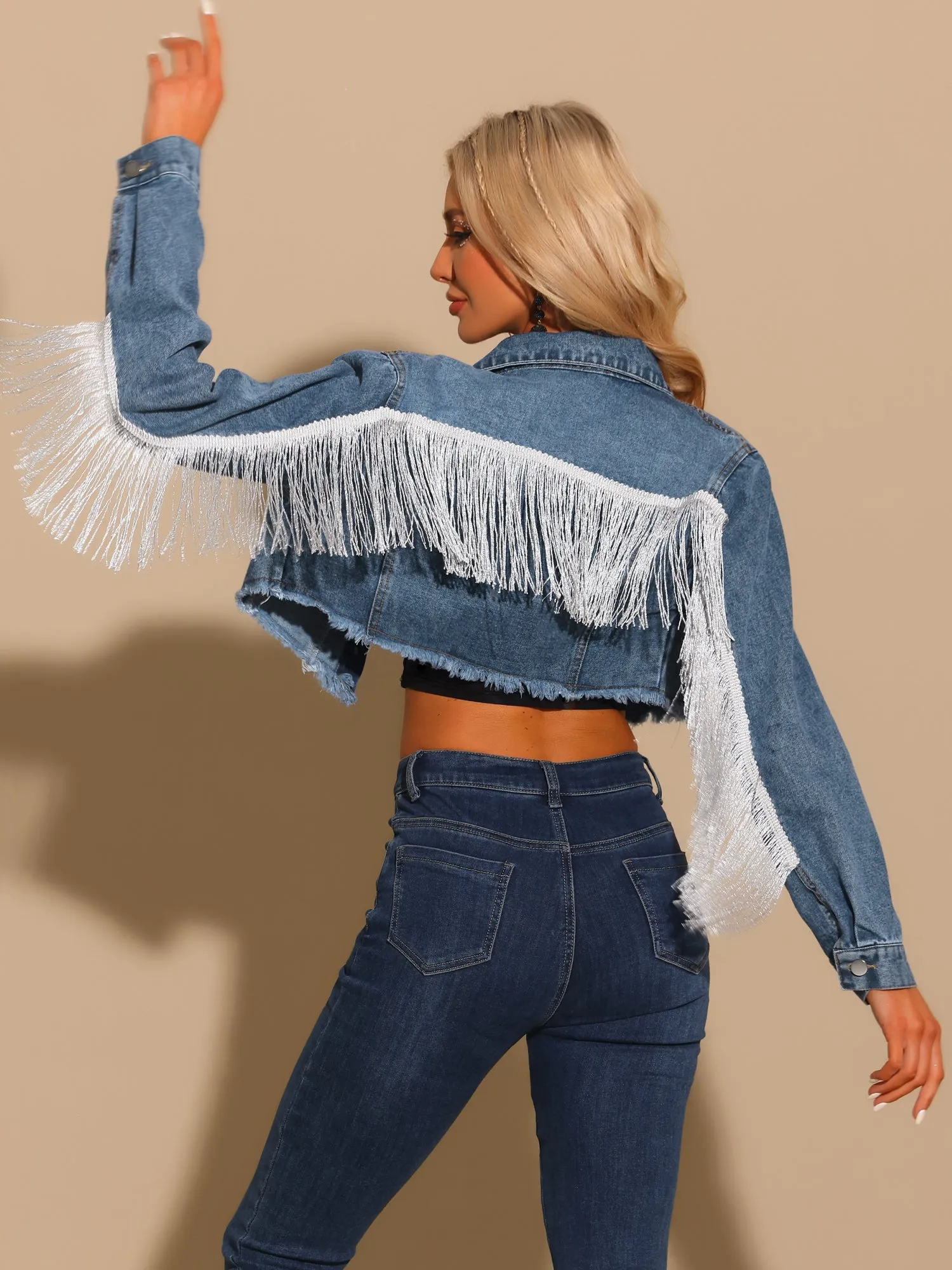 Crop Denim Tassel Casual Button Down Long Sleeve Jean Coat