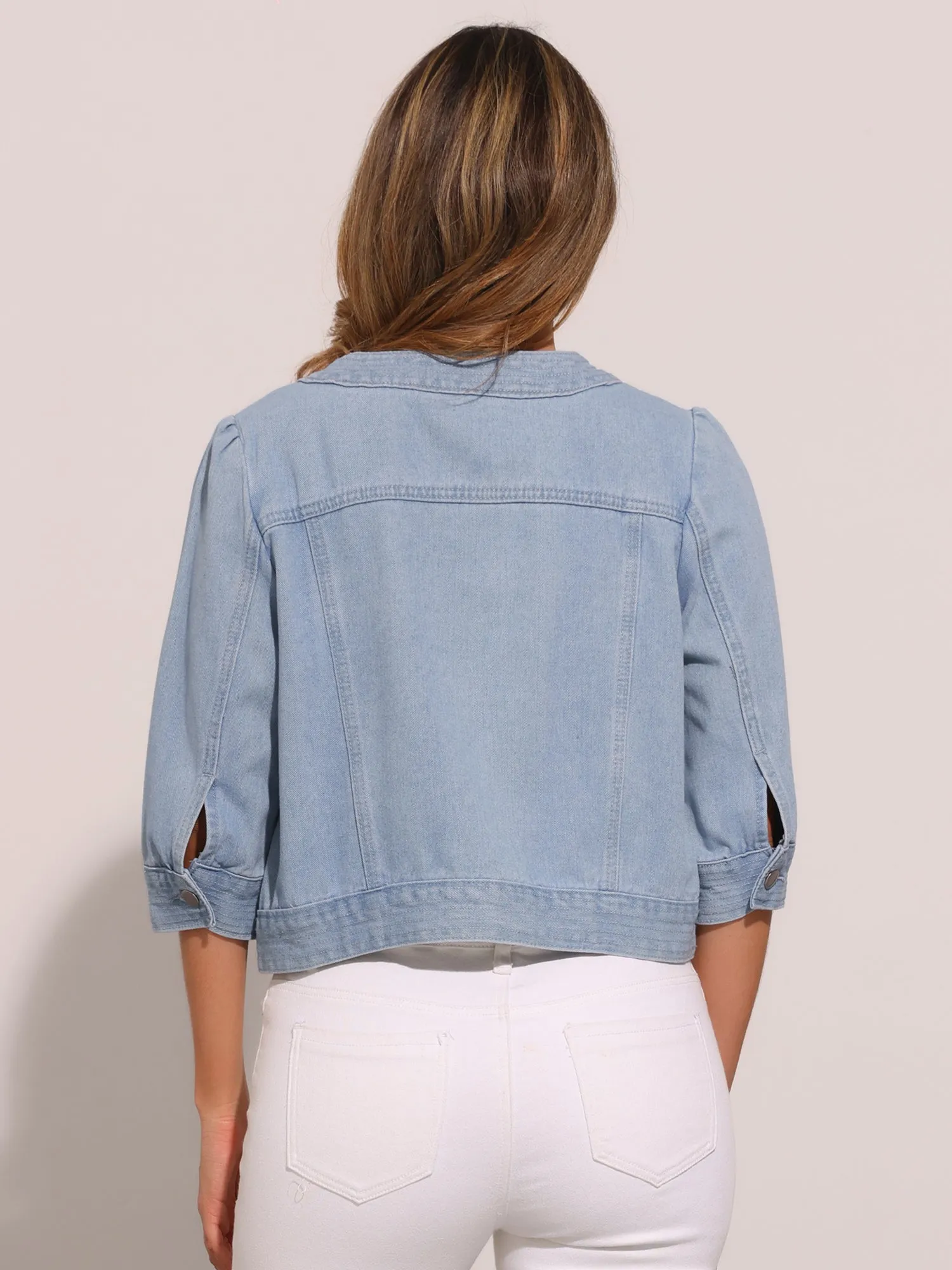Denim 3/4 Sleeve Collarless Button Up Cropped Jean Jacket