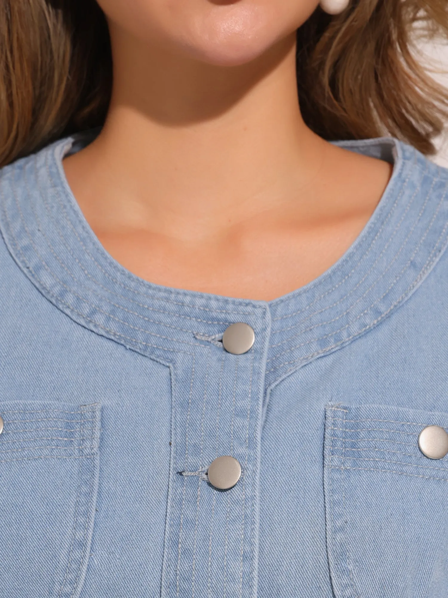 Denim 3/4 Sleeve Collarless Button Up Cropped Jean Jacket