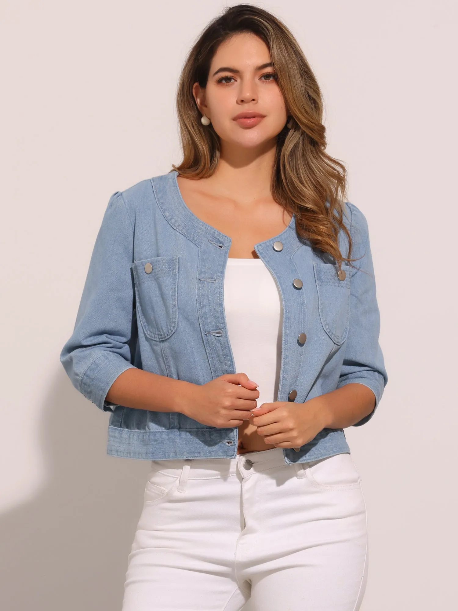 Denim 3/4 Sleeve Collarless Button Up Cropped Jean Jacket