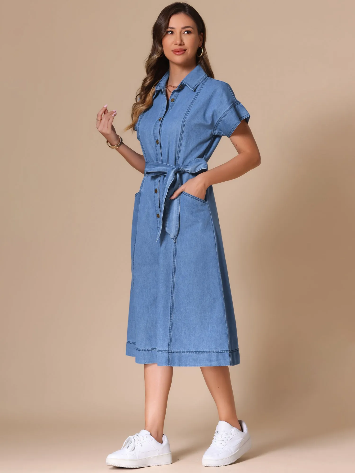 Denim Button Down Short Sleeves Belted Midi Dress