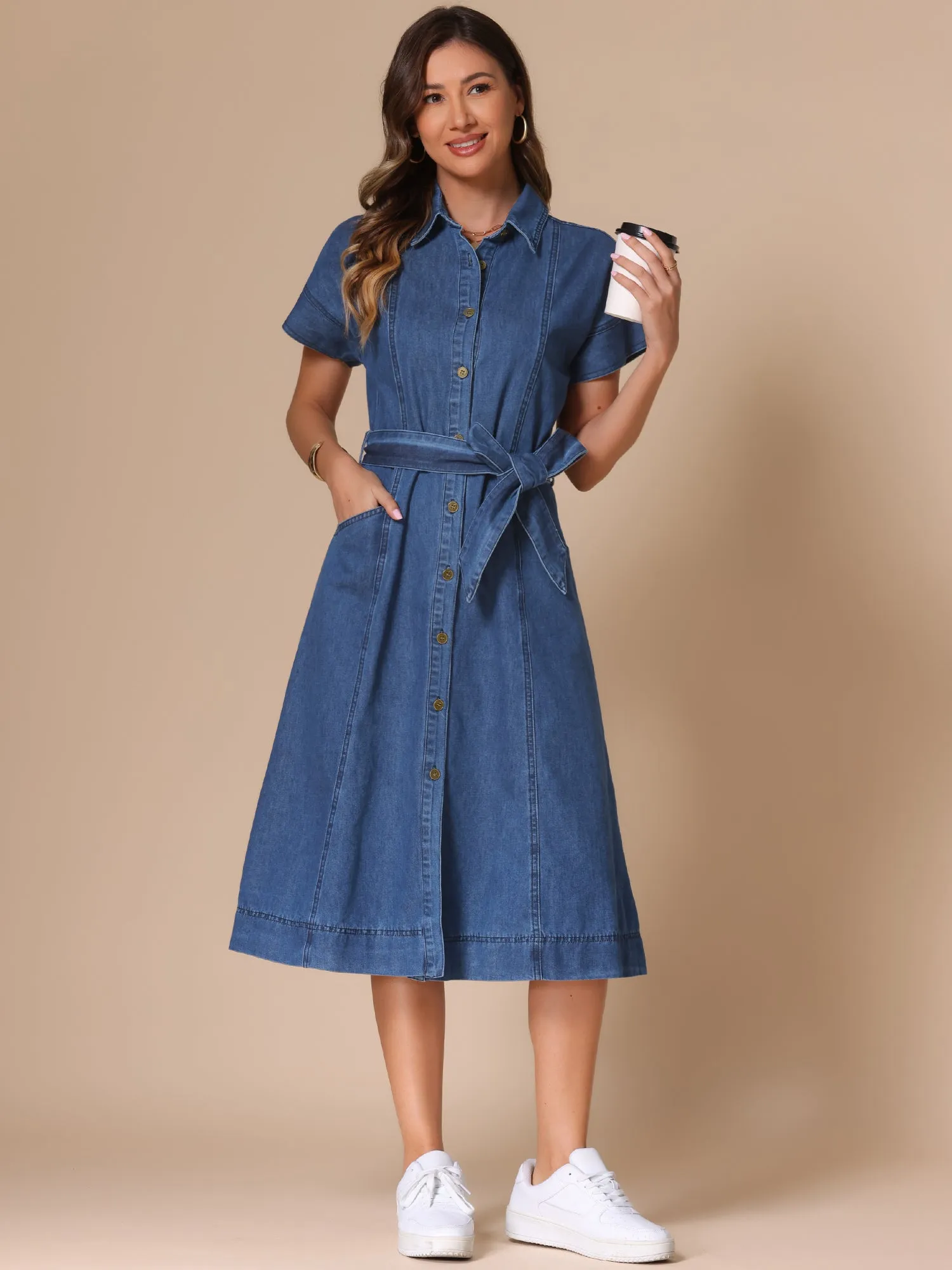 Denim Button Down Short Sleeves Belted Midi Dress
