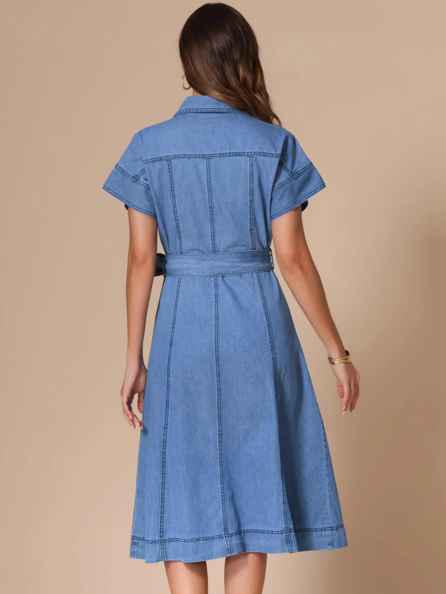 Denim Button Down Short Sleeves Belted Midi Dress