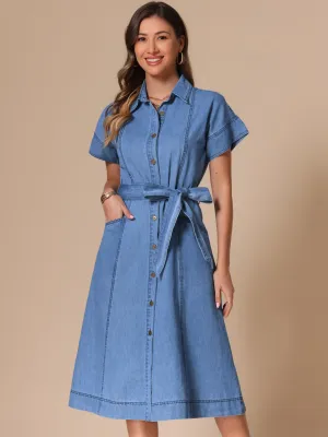 Denim Button Down Short Sleeves Belted Midi Dress
