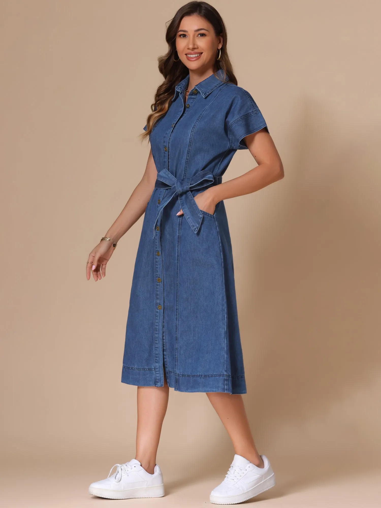 Denim Button Down Short Sleeves Belted Midi Dress