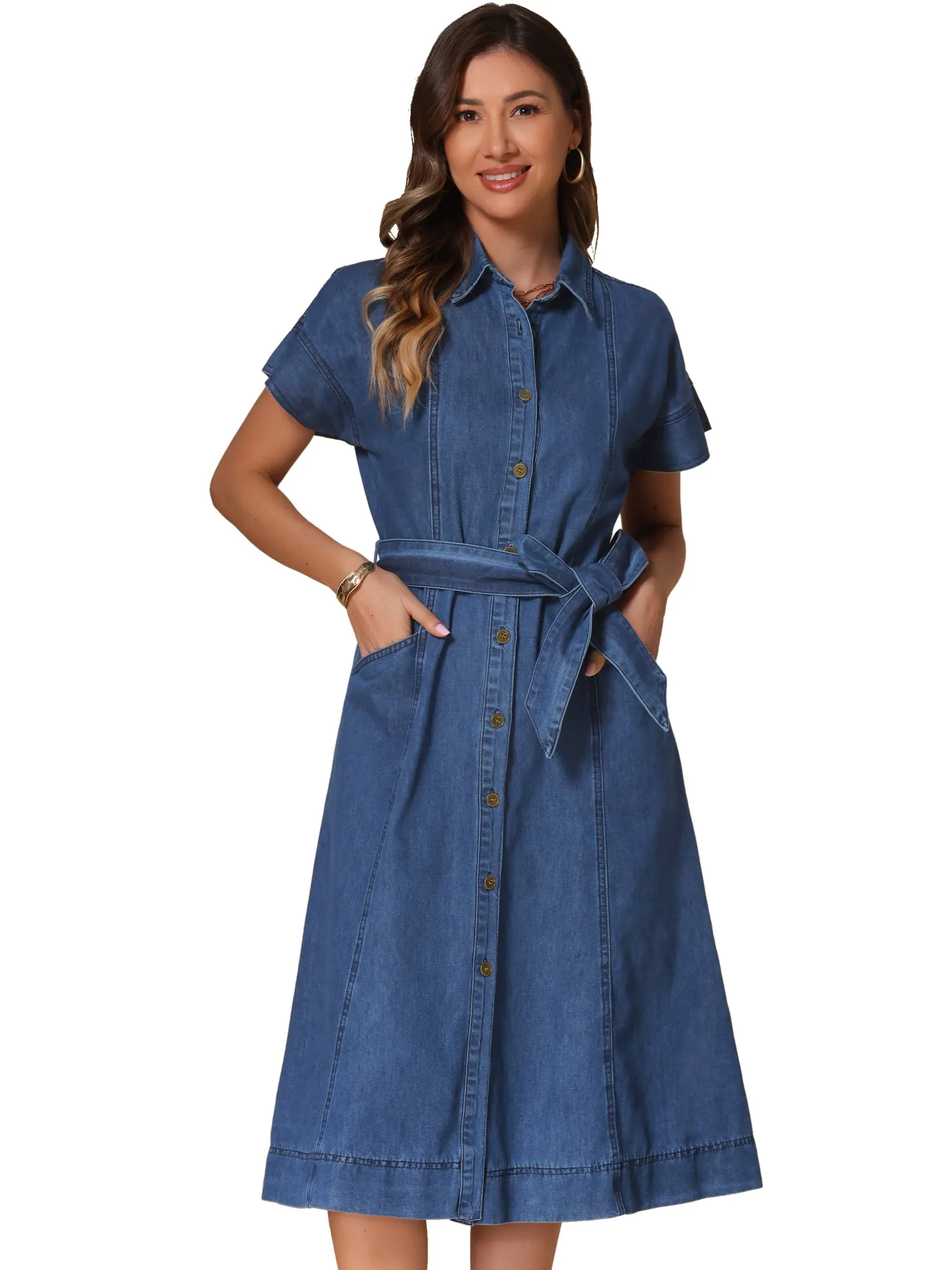 Denim Button Down Short Sleeves Belted Midi Dress