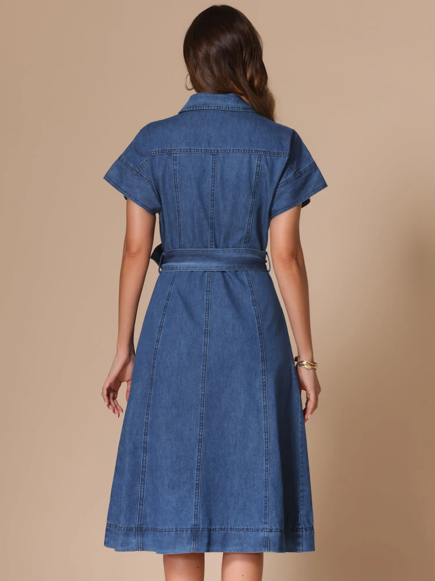 Denim Button Down Short Sleeves Belted Midi Dress