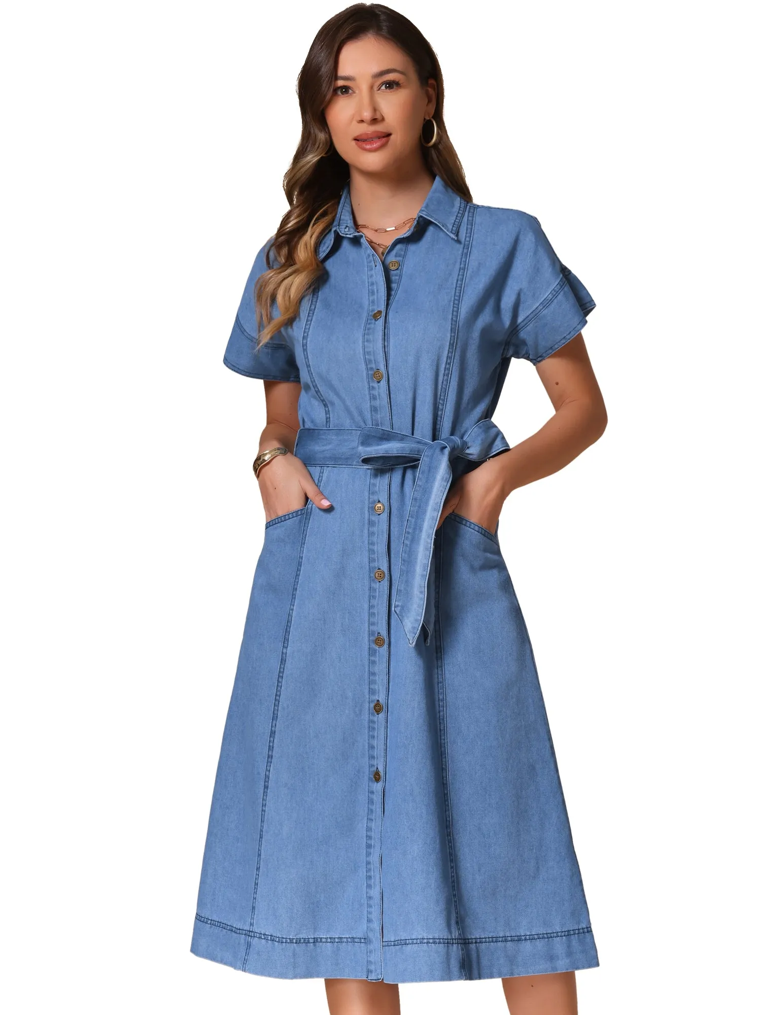 Denim Button Down Short Sleeves Belted Midi Dress