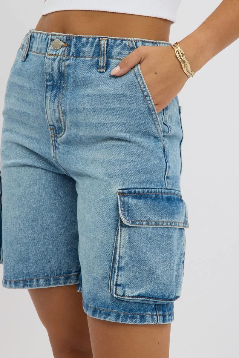 Denim Cargo Shorts High Rise