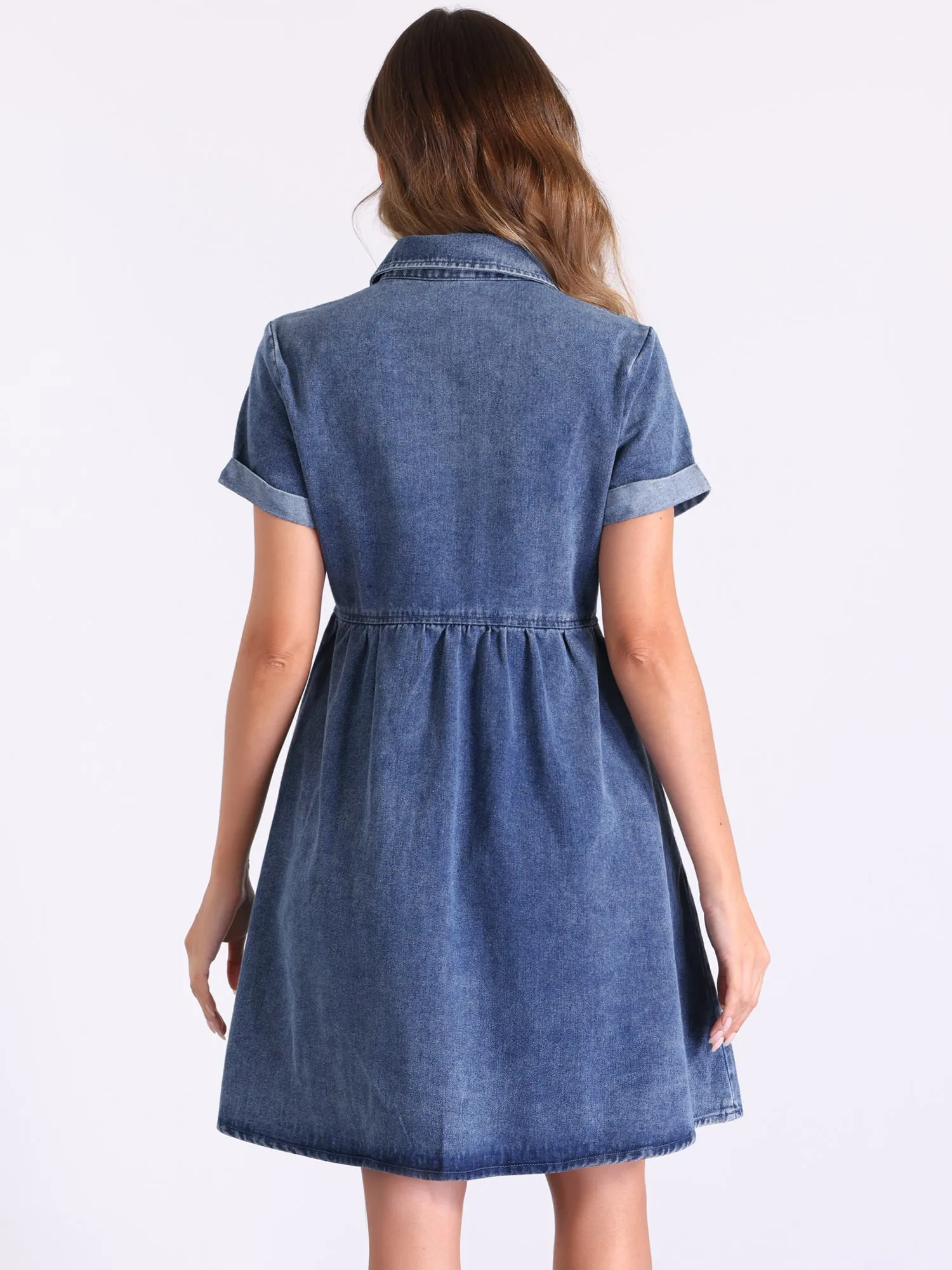 Denim Collared Pocketed Short Sleeve Babydoll Jean Dress