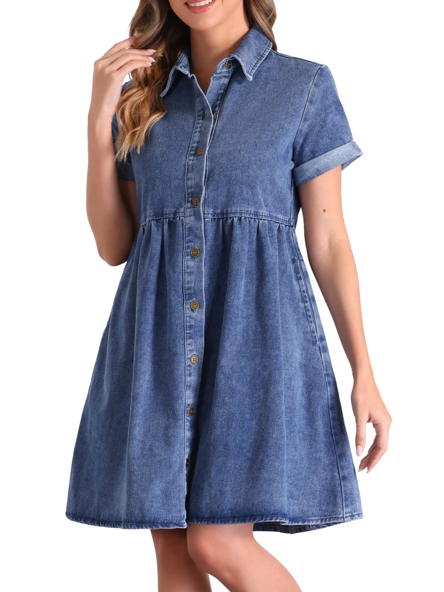Denim Collared Pocketed Short Sleeve Babydoll Jean Dress
