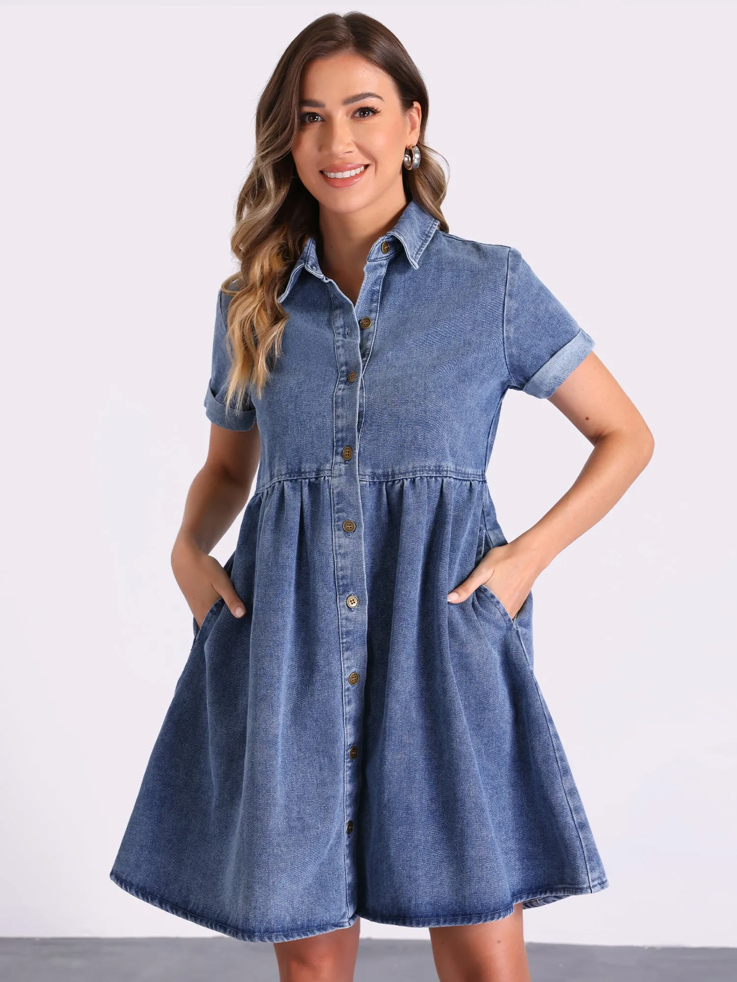 Denim Collared Pocketed Short Sleeve Babydoll Jean Dress