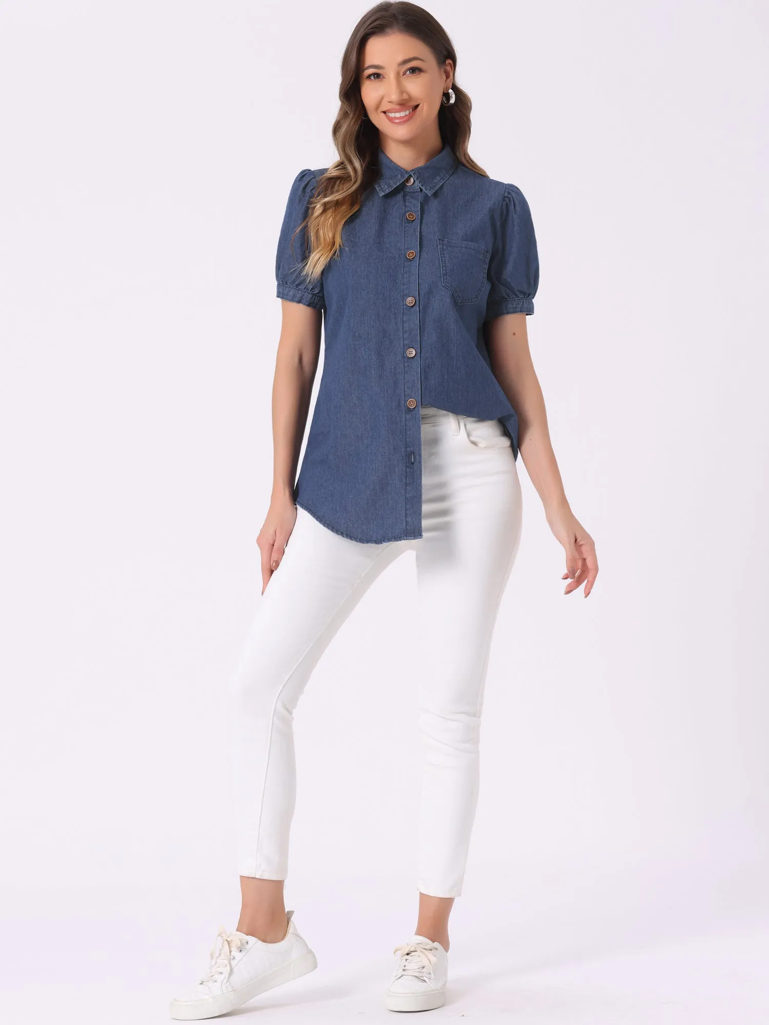 Denim Collared Short Puff Sleeve Chest Pocket Button Up Shirt
