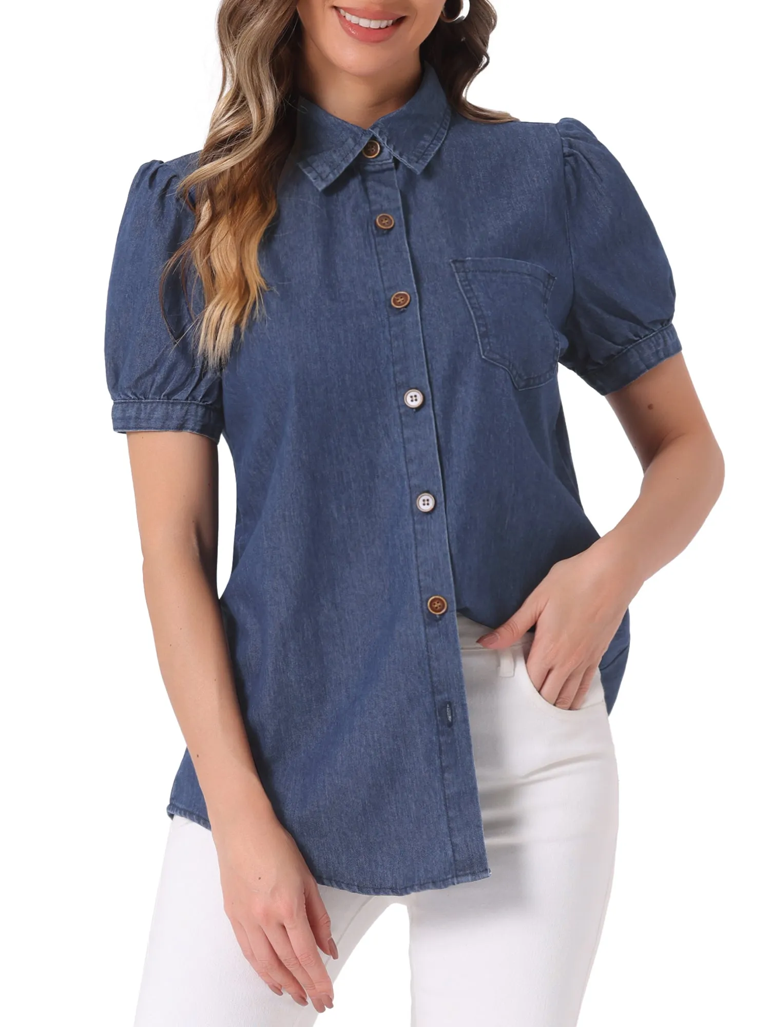 Denim Collared Short Puff Sleeve Chest Pocket Button Up Shirt