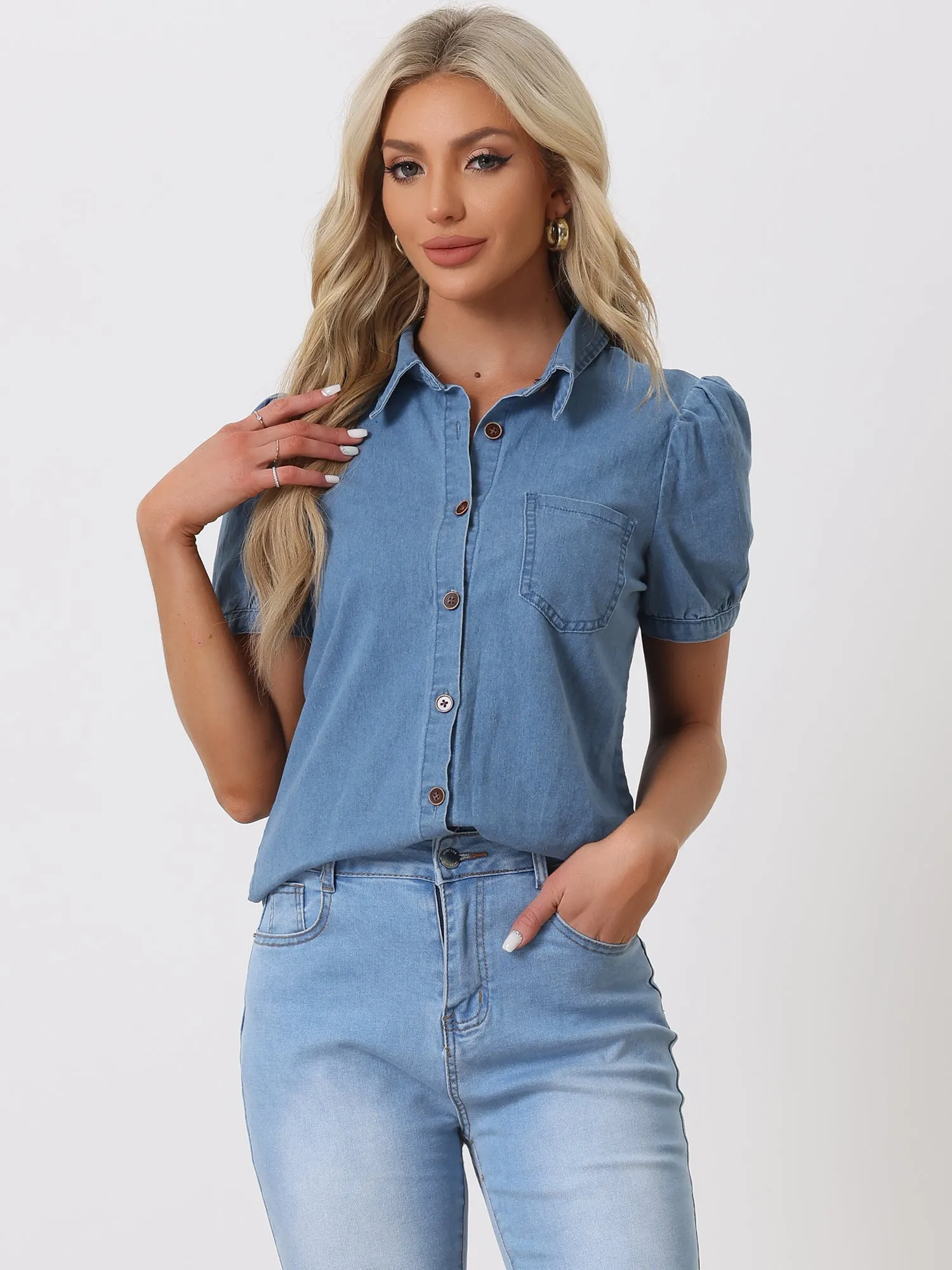 Denim Collared Short Puff Sleeve Chest Pocket Button Up Shirt