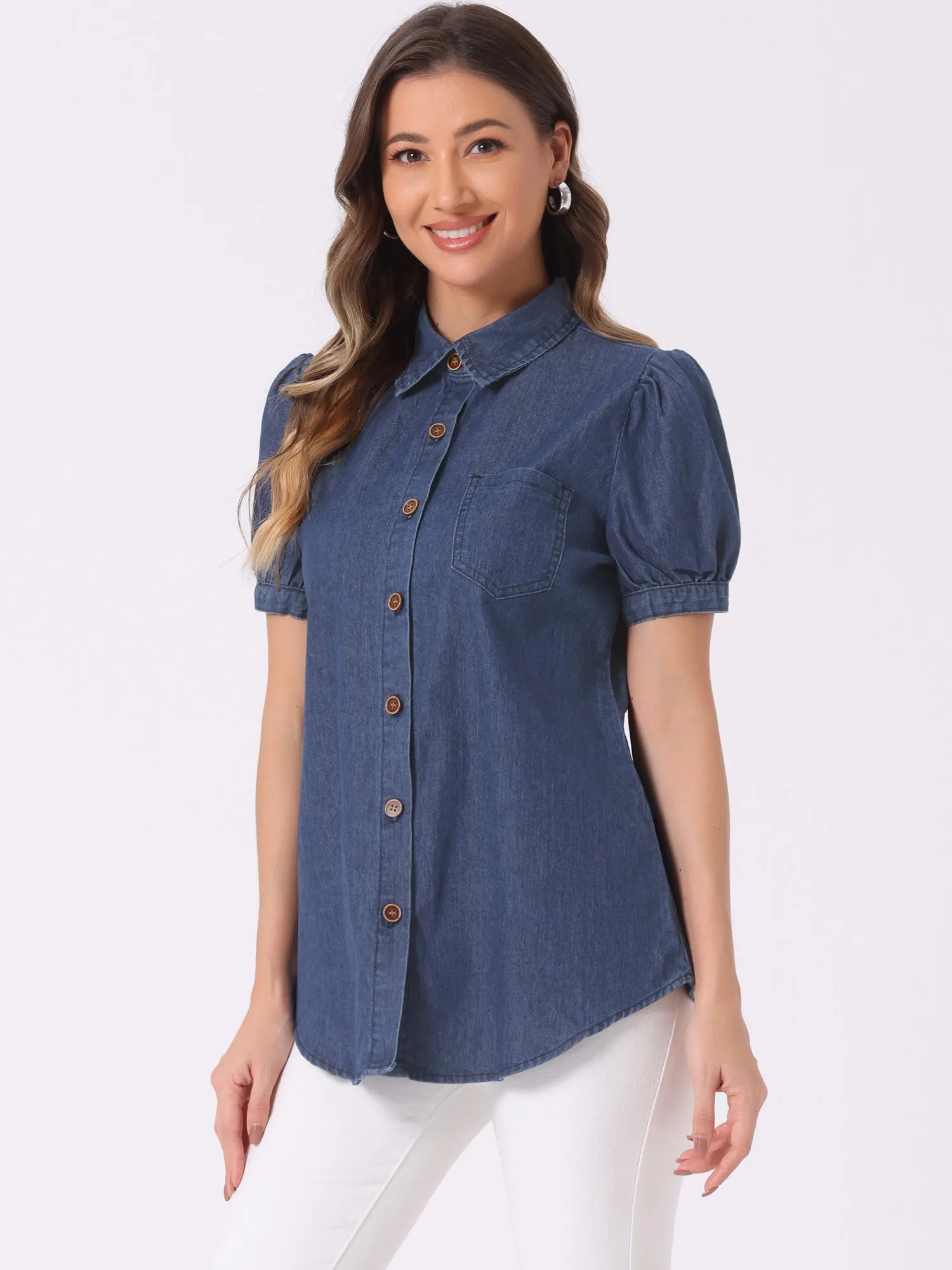 Denim Collared Short Puff Sleeve Chest Pocket Button Up Shirt