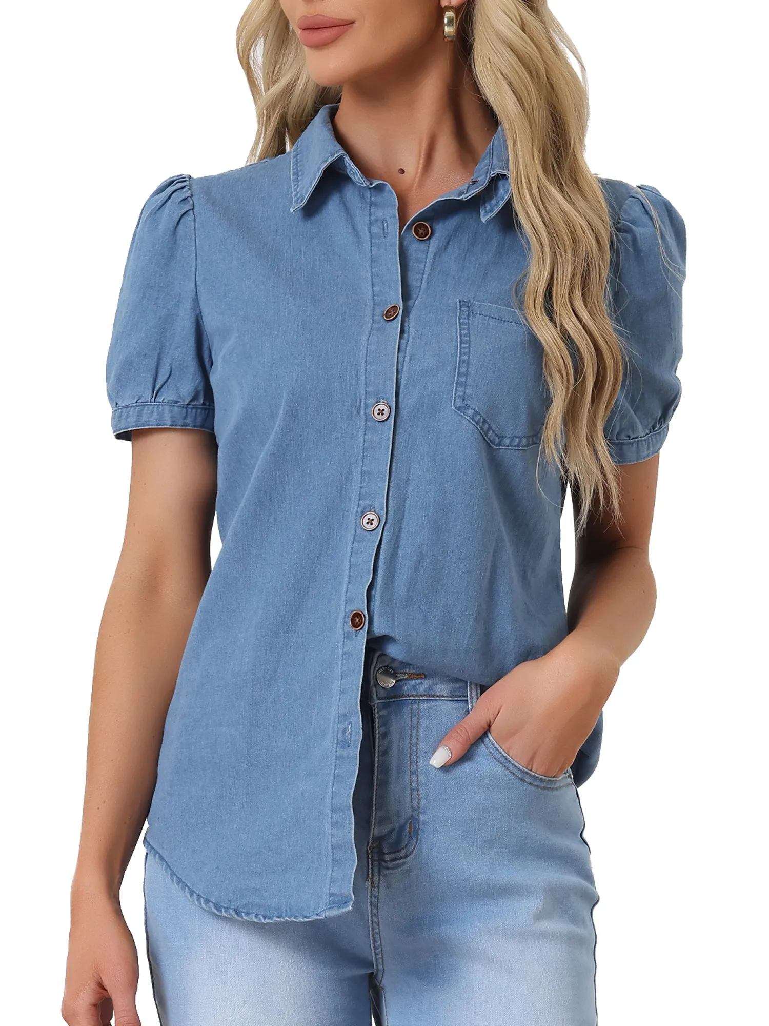 Denim Collared Short Puff Sleeve Chest Pocket Button Up Shirt