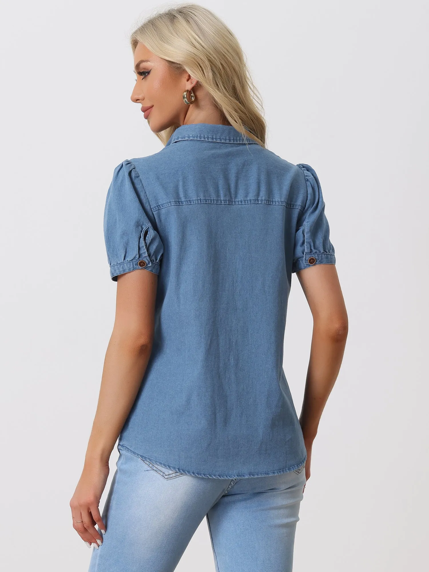 Denim Collared Short Puff Sleeve Chest Pocket Button Up Shirt