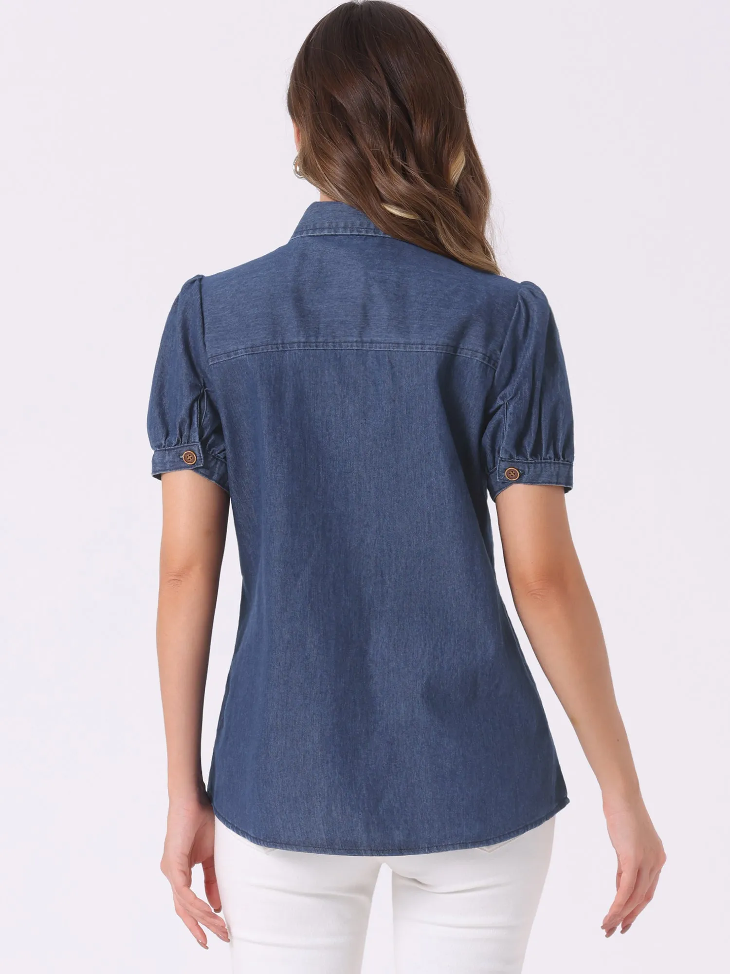 Denim Collared Short Puff Sleeve Chest Pocket Button Up Shirt