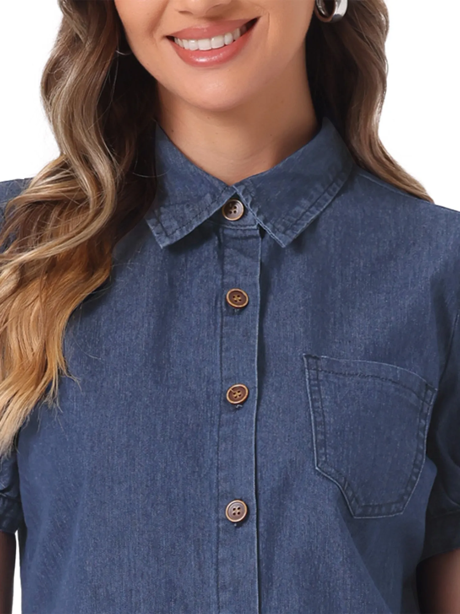 Denim Collared Short Puff Sleeve Chest Pocket Button Up Shirt