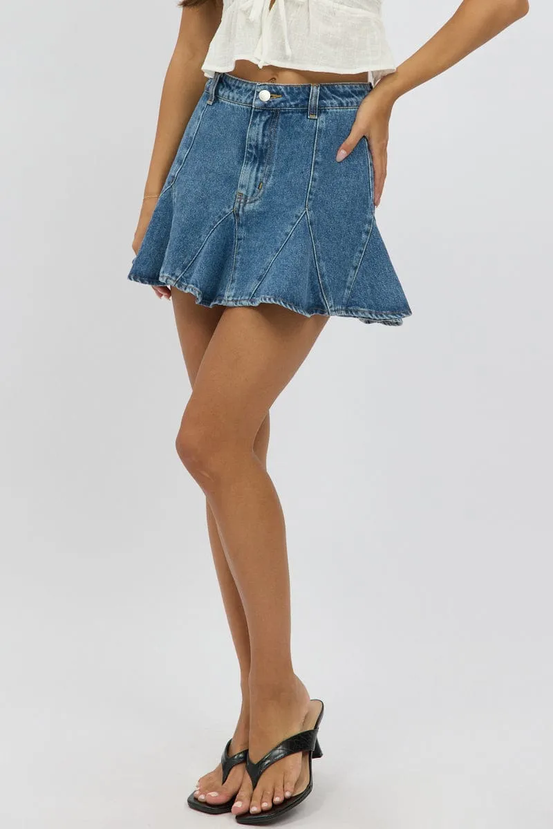 Denim Godet Mini Skirt High Rise