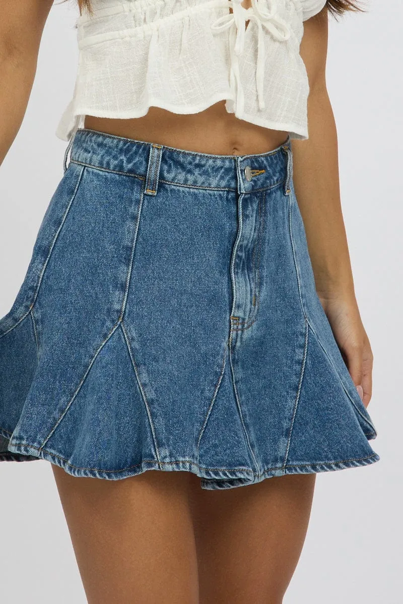 Denim Godet Mini Skirt High Rise
